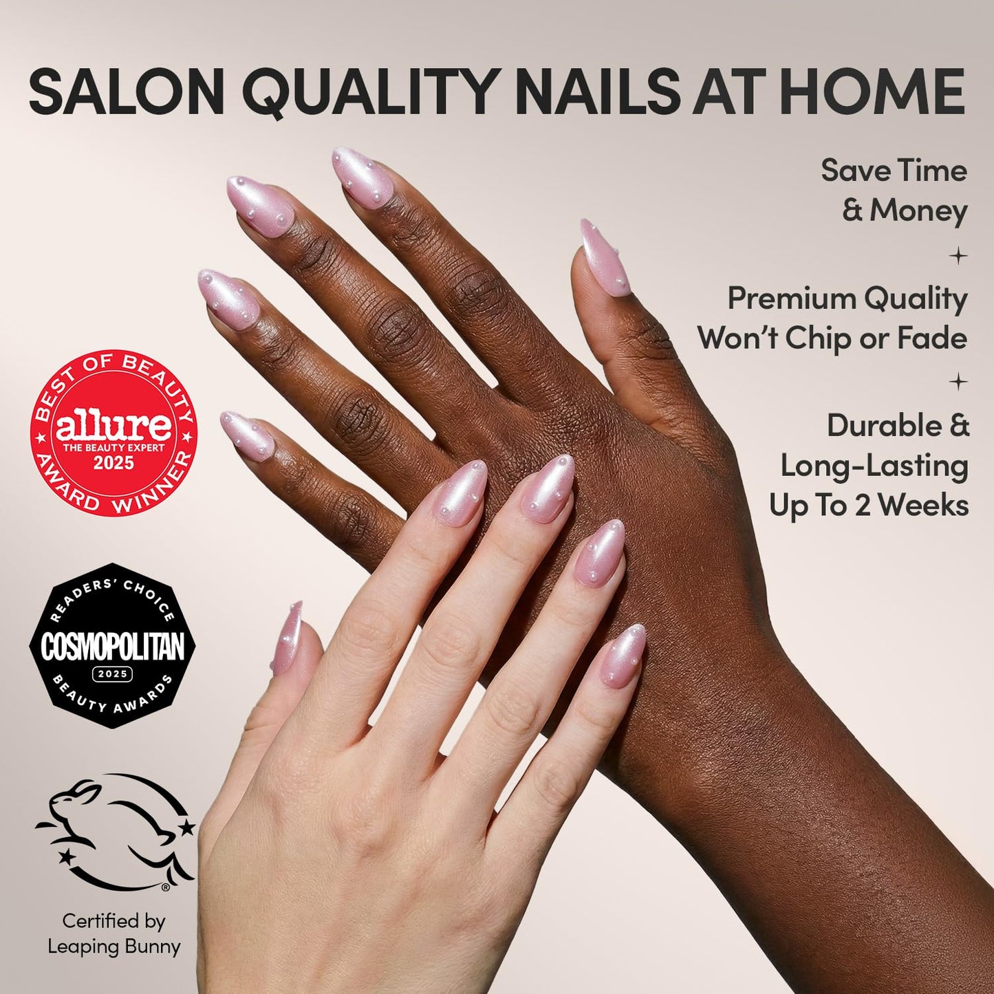 Glamnetic Press On Nails - All Time Love Spring Nails | Glossy, Semi-Transparent, Short Almond French Tip Fake Nails with Leaf Accents, Salon Quality | 15 Sizes - 30 Nail Kit with Glue