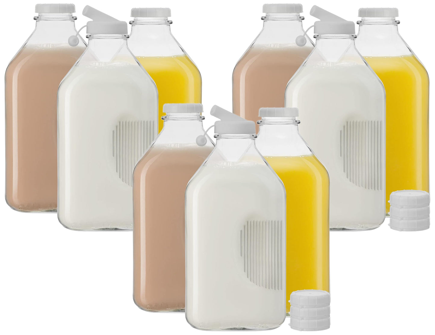 JoyJolt Glass Milk Bottles with Lids and Pourer – 64 Oz, 3 Pack Airtight Heavy Duty Reusable Glass Bottles, Leakproof, BPA-Free, Food Grade, Dishwasher Safe Jug, Pitcher for Milk, Juice, and Water
