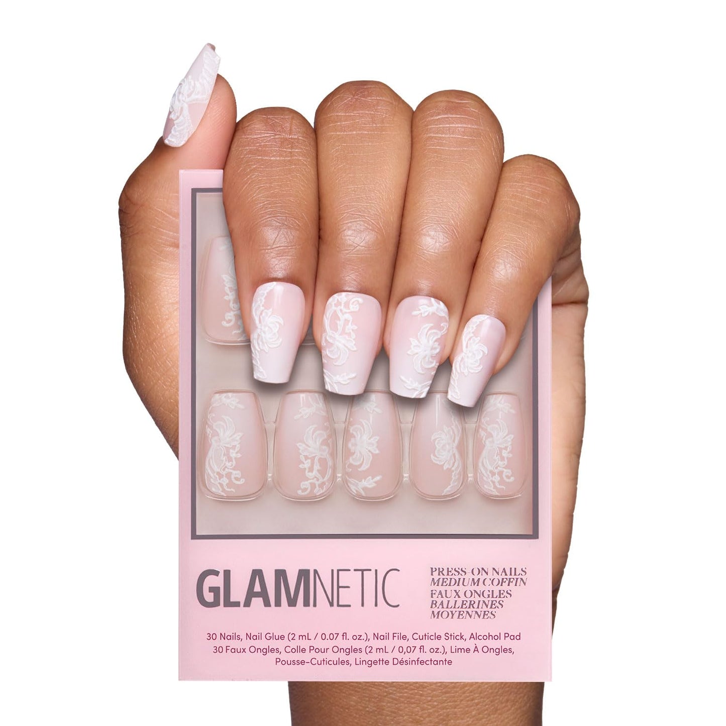 Glamnetic Press On Nails - All Time Love Spring Nails | Glossy, Semi-Transparent, Short Almond French Tip Fake Nails with Leaf Accents, Salon Quality | 15 Sizes - 30 Nail Kit with Glue