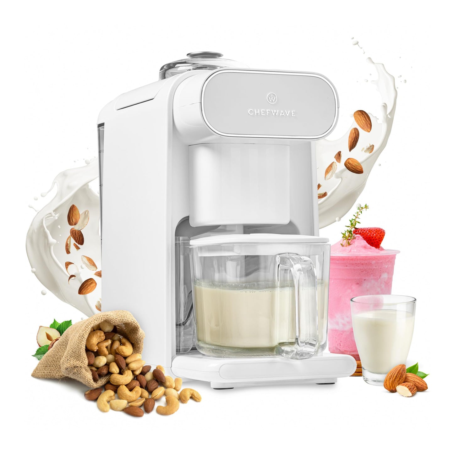 ChefWave Milkmade Plant-Based Milk Maker, 6-in-1 Nut Milk Machine for Almond, Oat, Soy, Cashew, Coconut & Macadamia — 1000W, No Soaking, Auto Self-Clean, Delay Start, Glass Pitcher Included (White)