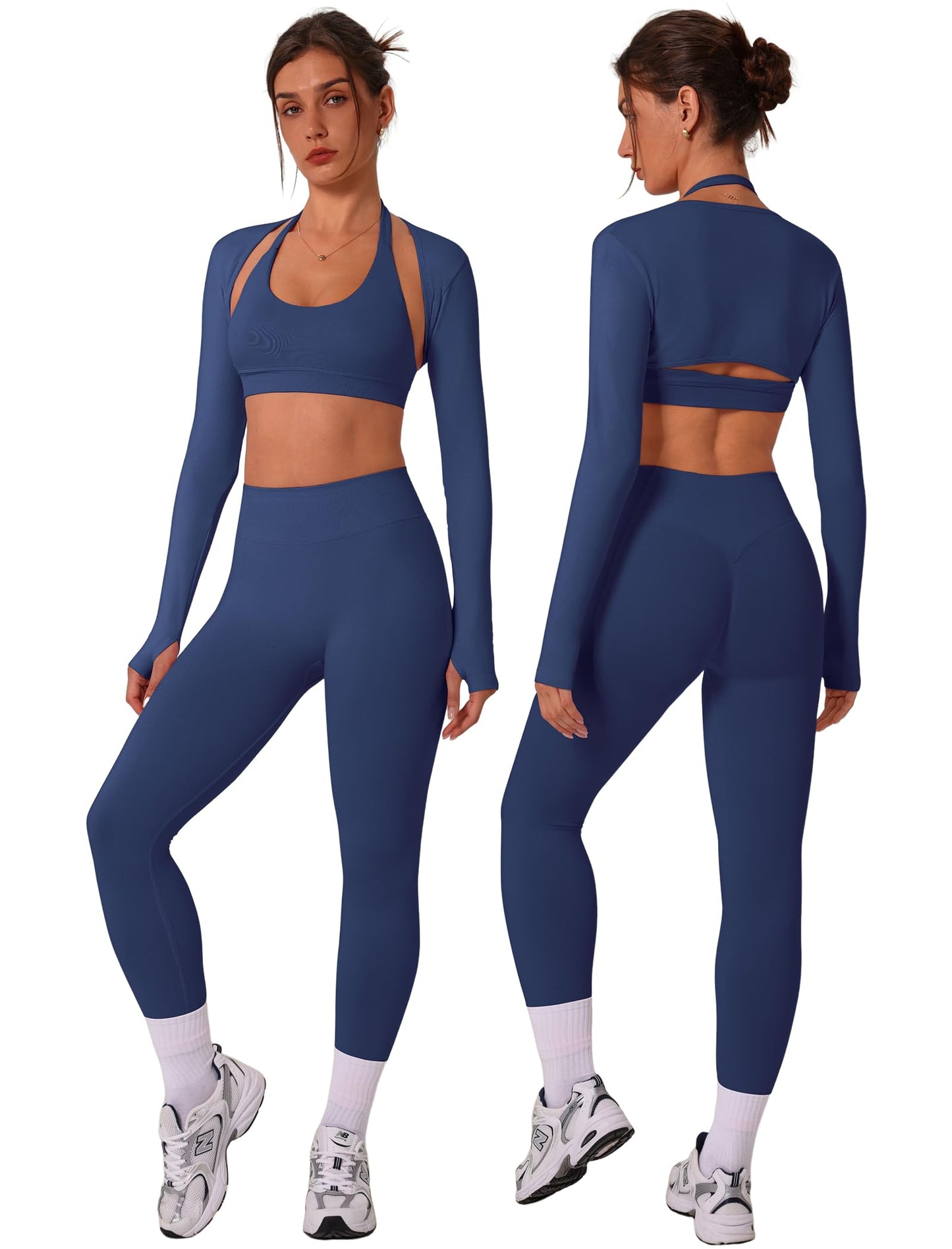 3 Piece Workout Sets for Women Seamless Halter Sports Bra High Waist Leggings Long Sleeve Shrug Gym Yoga Outfits