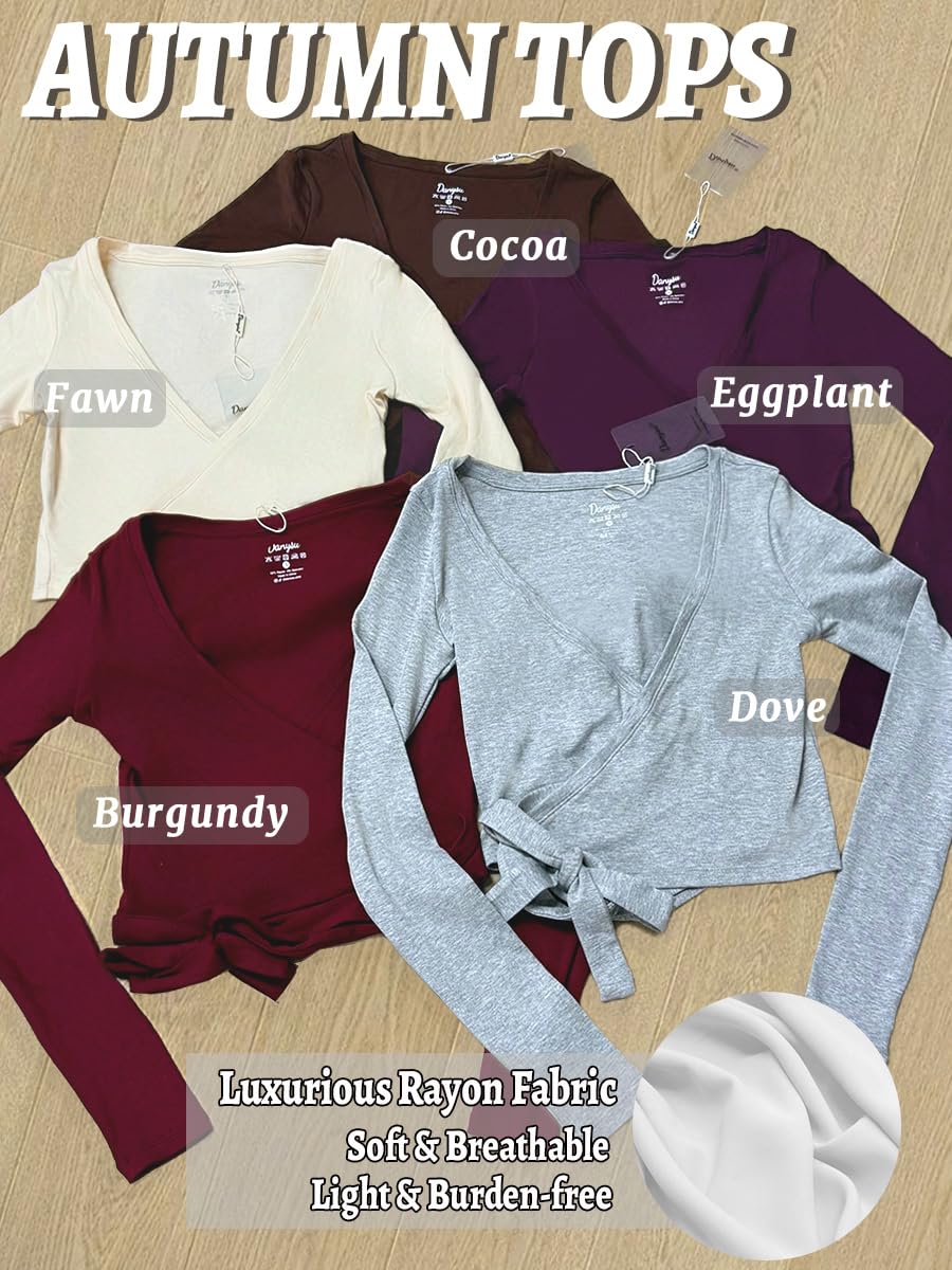 Danysu Ballet Wrap Tops Long Sleeve Cross Tie Crop Shirts Deep V-Neck Dance Clothes Fall Cardigans