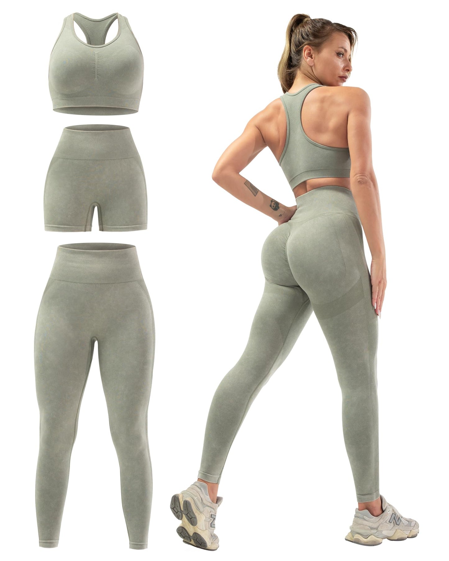 3 Piece Workout Sets for Women Butt Lifting Leggings with High Impact Sports Bra Gym Shorts