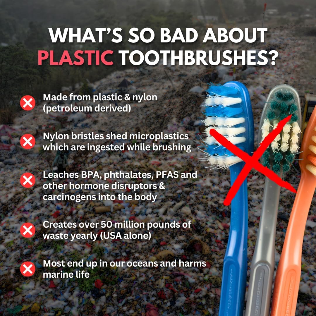 PRIMALS Boar Bristle & Bamboo Toothbrush (4-Pack) - Premium Boar Bristles - Fully Biodegradable - Plastic & Nylon Free - Quick Dry Design