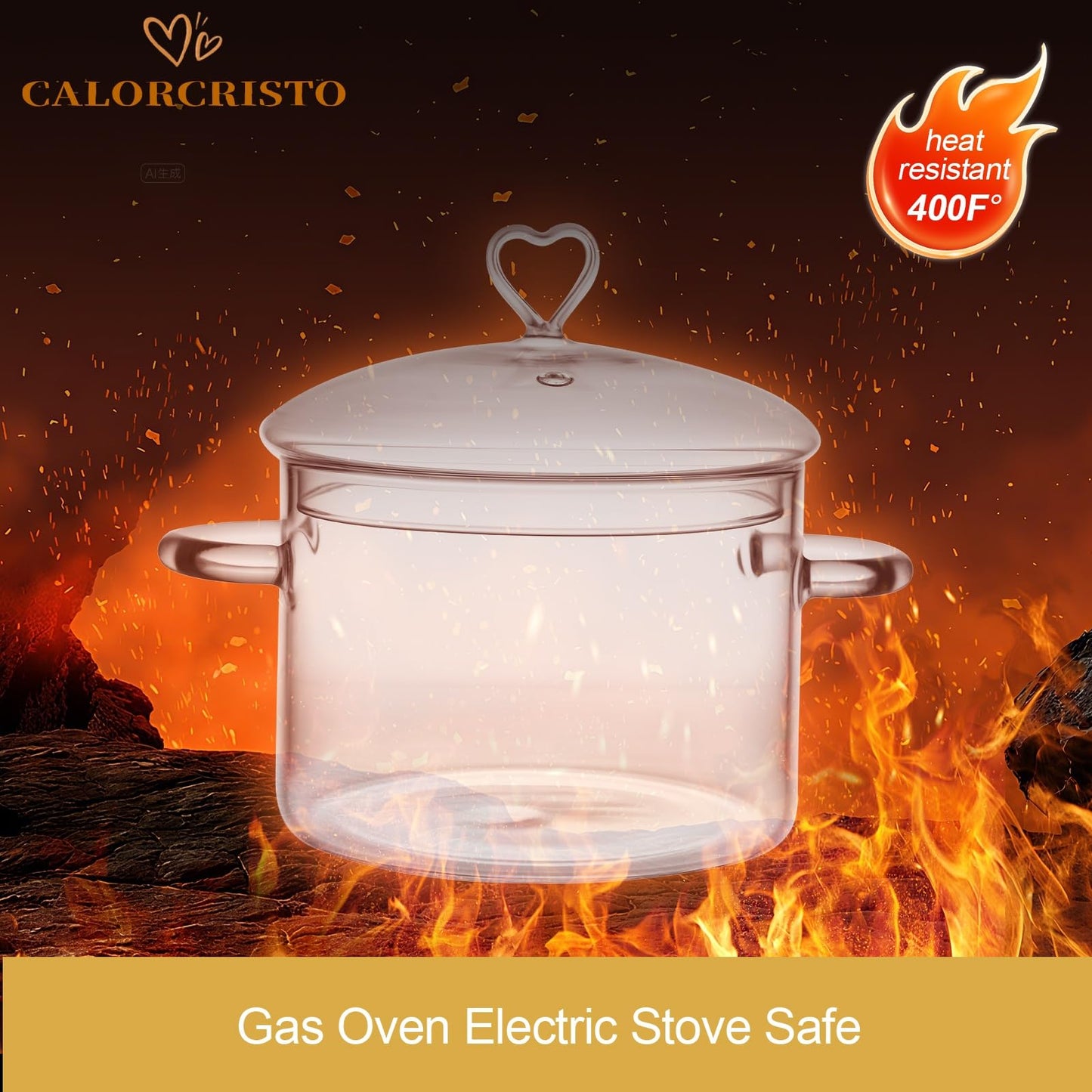 3 L Glass Cooking Pot with Lid, Save Energy, Heat Resistant | 3.2QT(3000ml) Glass Simmer Pot, Heart Shape Lid, Clear, Easy to Clean, BPA Free.