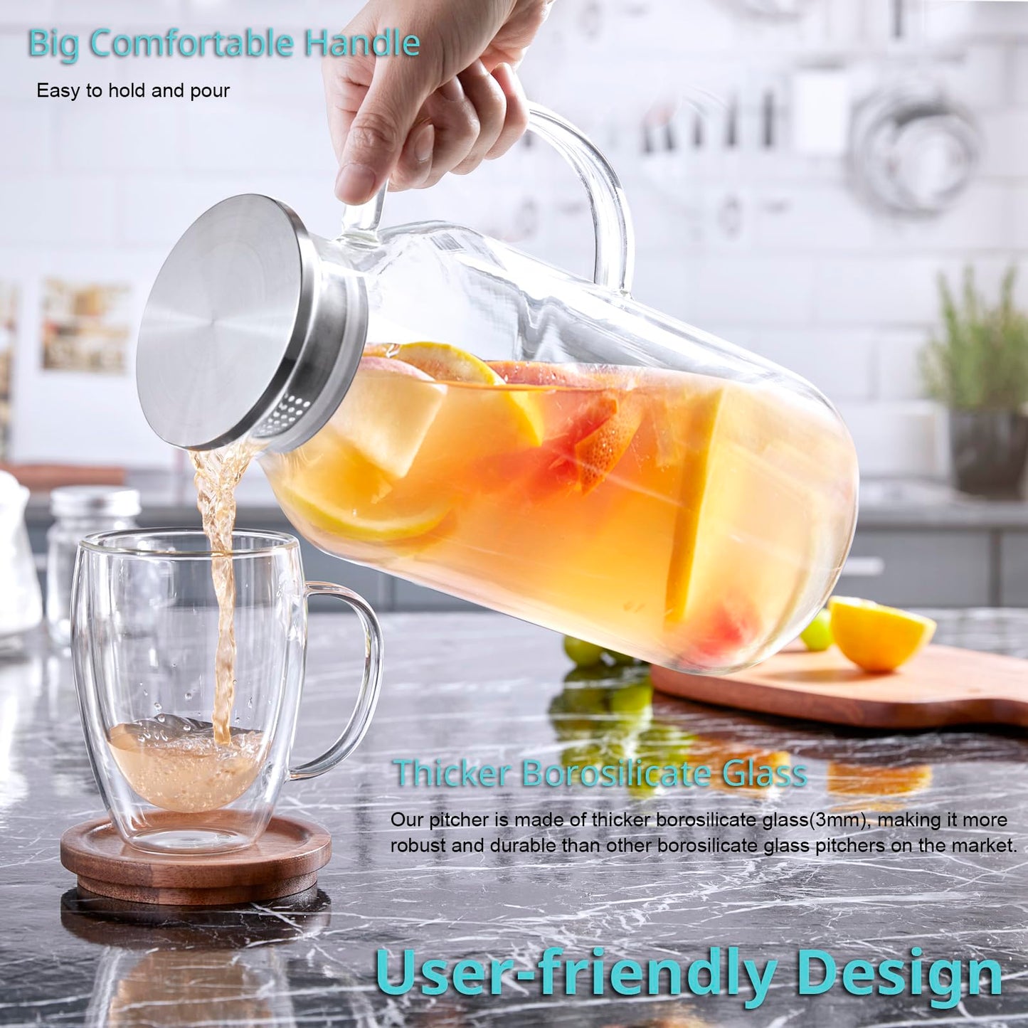 Bivvclaz 2 Liter 68 oz Gold Glass Pitcher with Lid and Handle, Glass Carafe for Hot/Cold Water, Large Iced Tea Pitcher for Coffee, Juice and Homemade Beverage