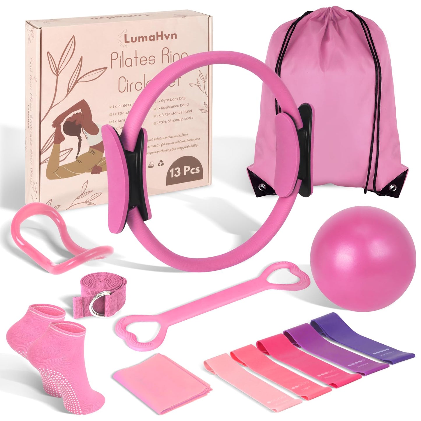 Pilates Kit for Women 13PCS, Pilates Ring and Ball Set with Magic Circle, Resistance Bands Set, Figure 8 Band, Yoga Ring & Grip Socks, Home Workout Equipment Essentials Starter Kit for Beginners