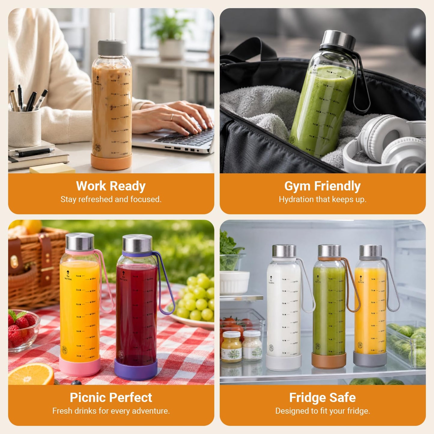 Sursip [10 Pack] 18 oz Glass Water Bottles with Lids, Juice Bottles, Clear glass juice bottle for juicing, Eco-Friendly Reusable Glass Juicing Bottles with Stainless Steel Lid, BPA Free,Leak-Proof