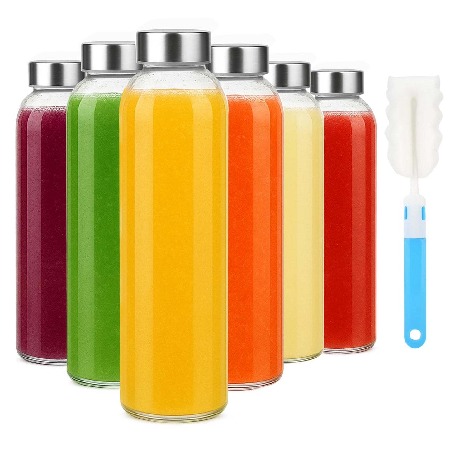 Sursip [10 Pack] 18 oz Glass Water Bottles with Lids, Juice Bottles, Clear glass juice bottle for juicing, Eco-Friendly Reusable Glass Juicing Bottles with Stainless Steel Lid, BPA Free,Leak-Proof