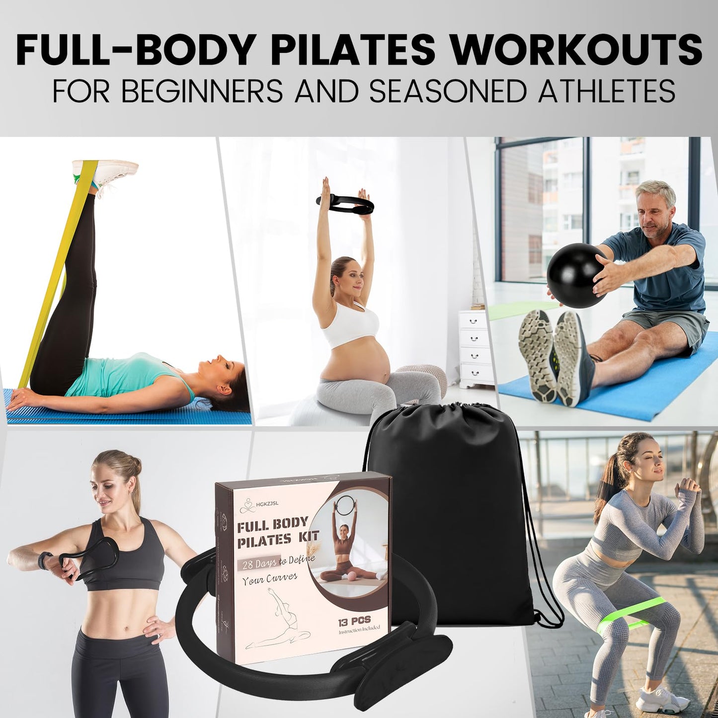 Pilates Kit for Women 13PCS, Pilates Ring and Ball Set with Magic Circle, Resistance Bands Set, Figure 8 Band, Yoga Ring & Grip Socks, Home Workout Equipment Essentials Starter Kit for Beginners