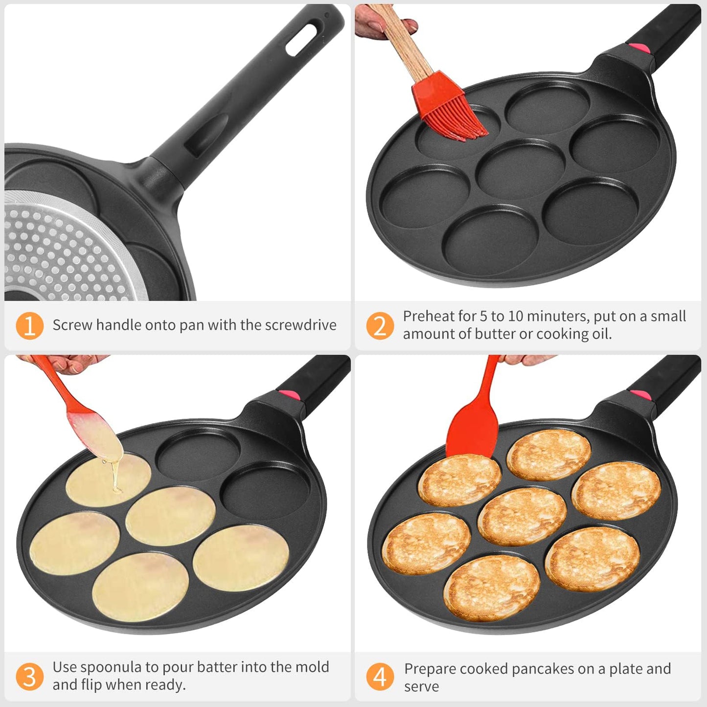 Pancake Pan Maker Nonstick Induction Compatible, 10.5 Inch Mini Non Stick Silver Dollar Grill Blini Griddle Crepe Pan,7 Molds Cake Egg Cooker Skillet for Kids Gifts