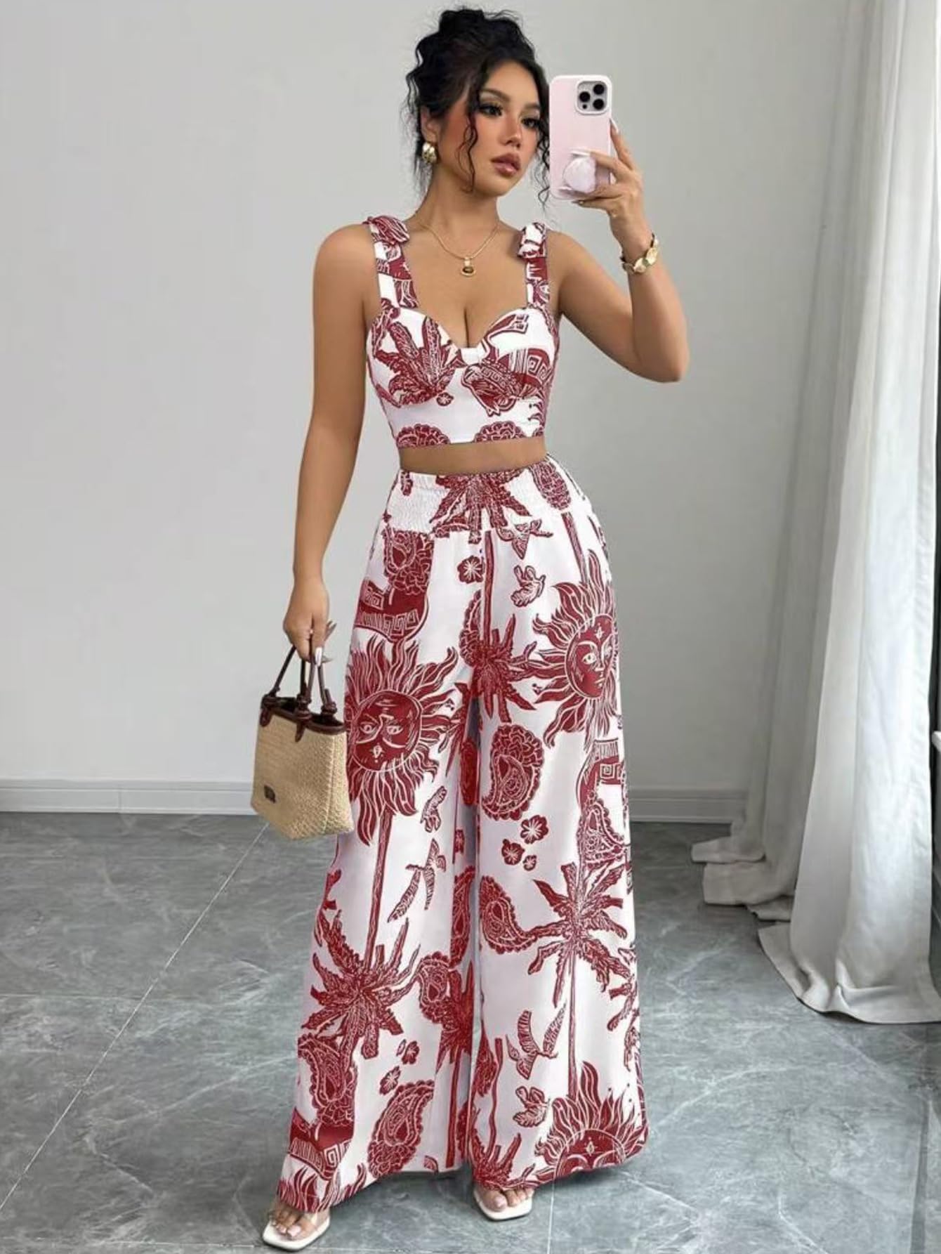 THLAI Summer Women 2 Piece Outfits Print V-Neck Cami Crop Top and Smocked Wide Leg Pants Set Vacation Outfits