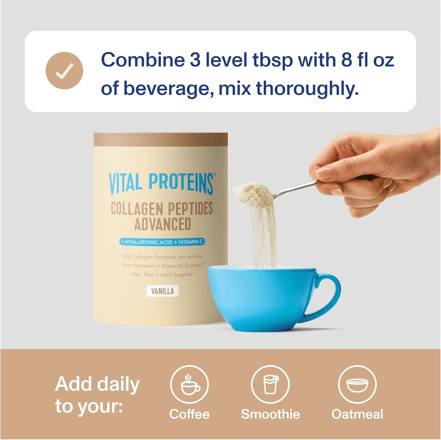Vital Proteins Collagen Peptides Powder Advanced with Hyaluronic Acid & Vitamin C, 20oz Collagen Protein, Unflavored, 27 Servings