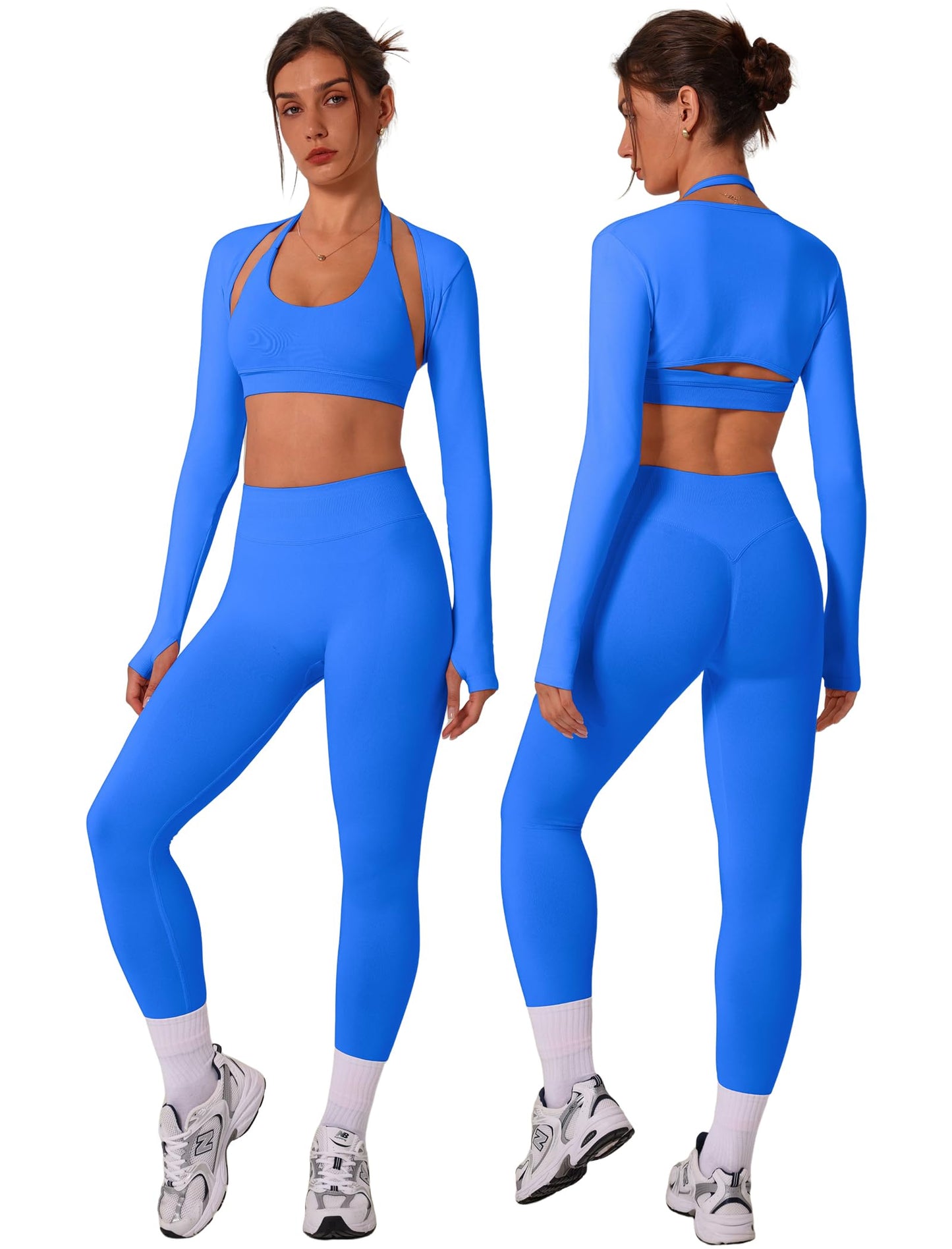 3 Piece Workout Sets for Women Seamless Halter Sports Bra High Waist Leggings Long Sleeve Shrug Gym Yoga Outfits