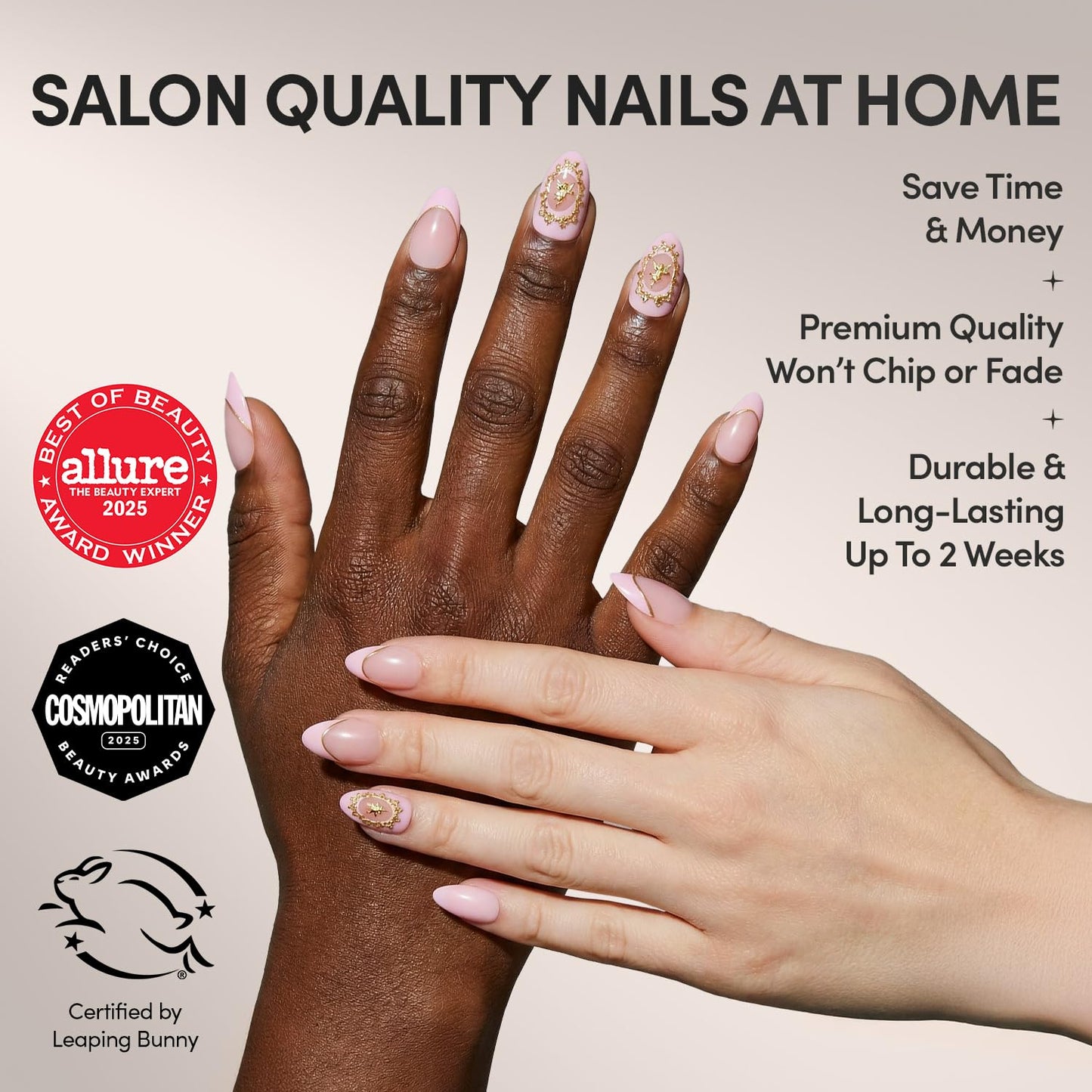 Glamnetic Press On Nails - All Time Love Spring Nails | Glossy, Semi-Transparent, Short Almond French Tip Fake Nails with Leaf Accents, Salon Quality | 15 Sizes - 30 Nail Kit with Glue