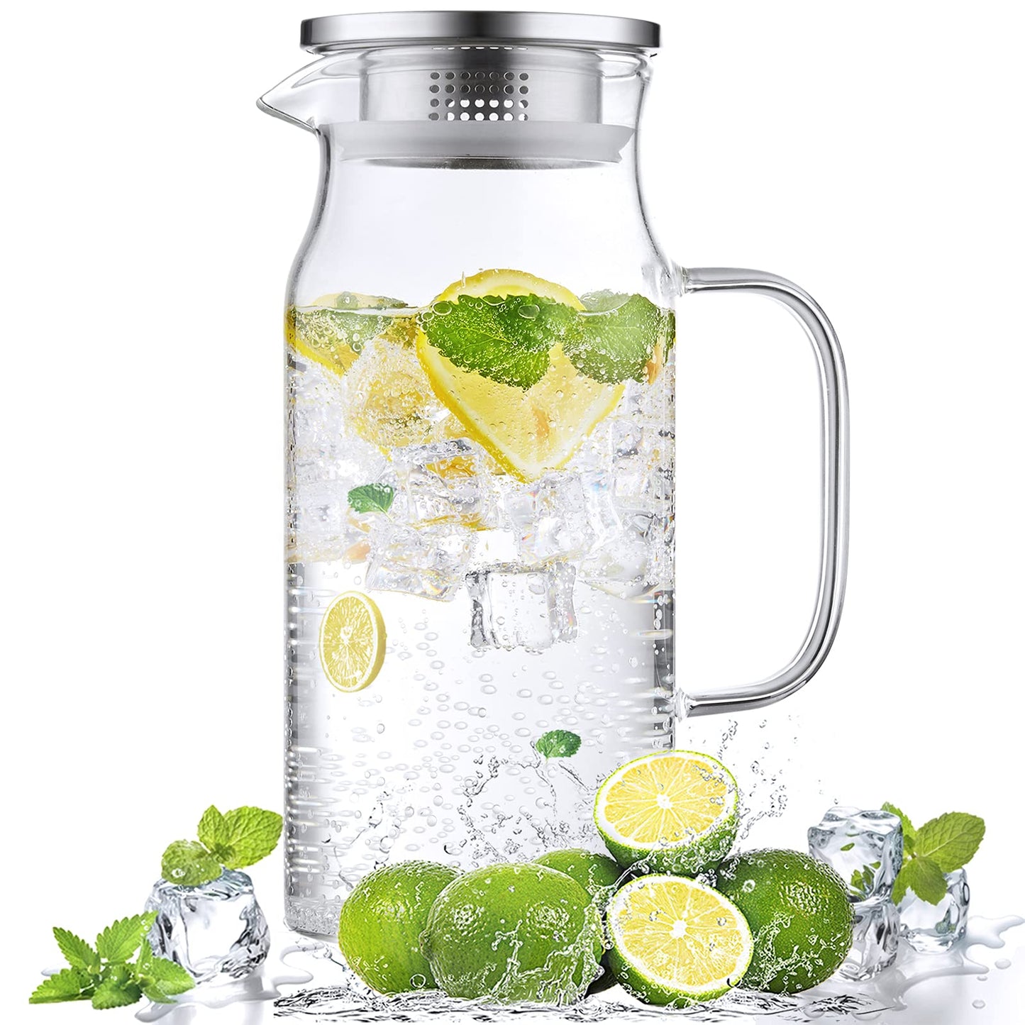 Bivvclaz 2 Liter 68 oz Gold Glass Pitcher with Lid and Handle, Glass Carafe for Hot/Cold Water, Large Iced Tea Pitcher for Coffee, Juice and Homemade Beverage