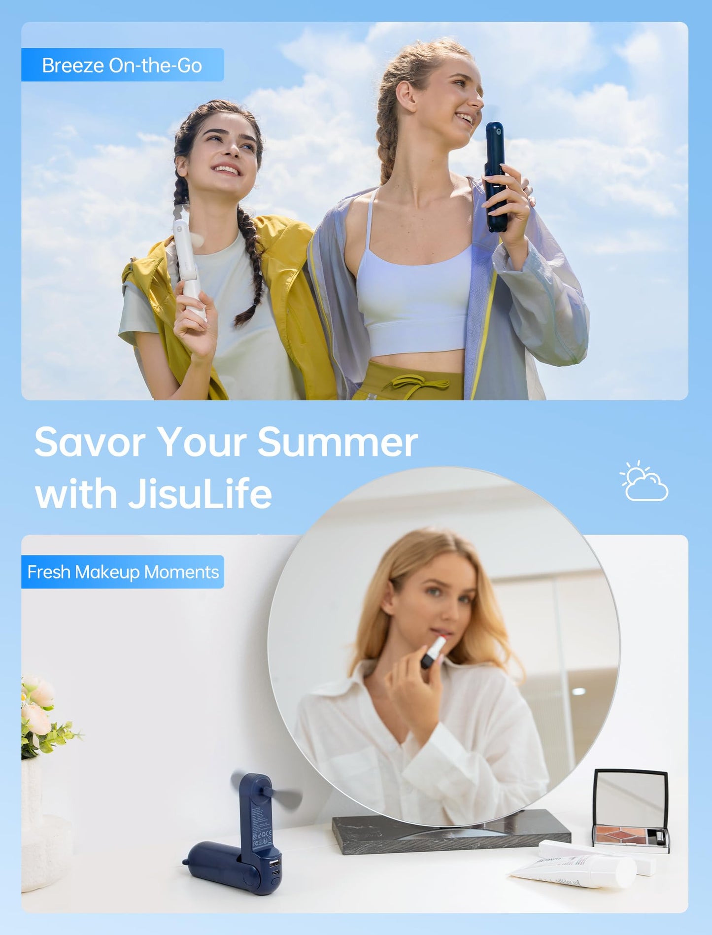 JISULIFE 3 IN 1 Handheld Mini Fan - Portable Fan & Power Bank & Flashlight, 19H Max Cooling, USB Rechargeable, Pocket-Sized for Travel, Cruise, Concerts, Makeup, 2026 Summer Gifts for Women(Pink)