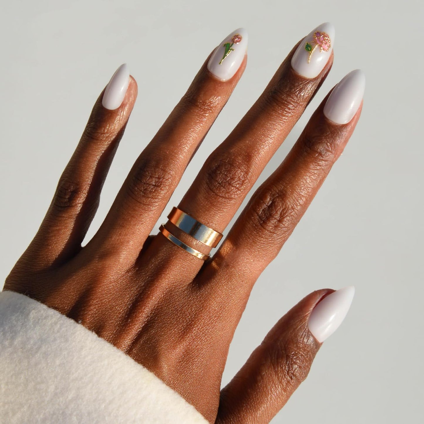 Glamnetic Press On Nails - All Time Love Spring Nails | Glossy, Semi-Transparent, Short Almond French Tip Fake Nails with Leaf Accents, Salon Quality | 15 Sizes - 30 Nail Kit with Glue