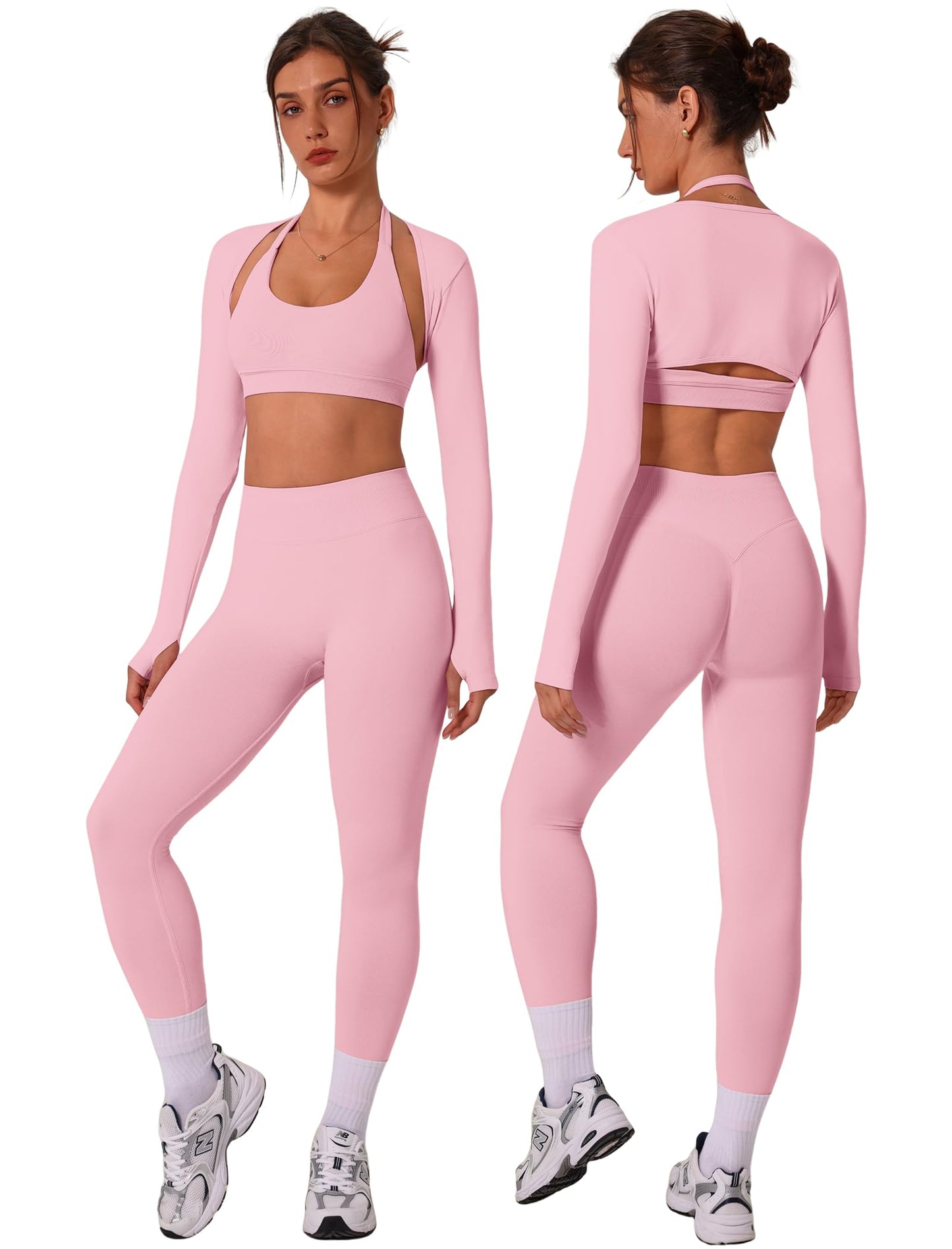 3 Piece Workout Sets for Women Seamless Halter Sports Bra High Waist Leggings Long Sleeve Shrug Gym Yoga Outfits