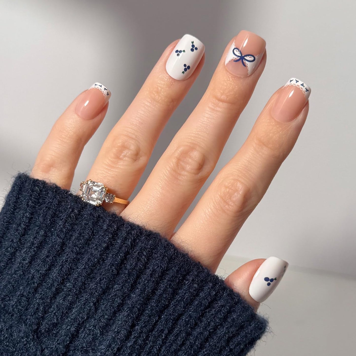 Glamnetic Press On Nails - All Time Love Spring Nails | Glossy, Semi-Transparent, Short Almond French Tip Fake Nails with Leaf Accents, Salon Quality | 15 Sizes - 30 Nail Kit with Glue