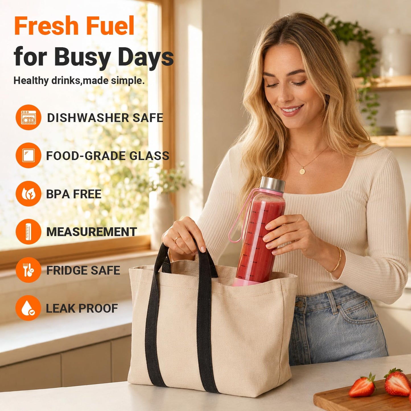 Sursip [10 Pack] 18 oz Glass Water Bottles with Lids, Juice Bottles, Clear glass juice bottle for juicing, Eco-Friendly Reusable Glass Juicing Bottles with Stainless Steel Lid, BPA Free,Leak-Proof