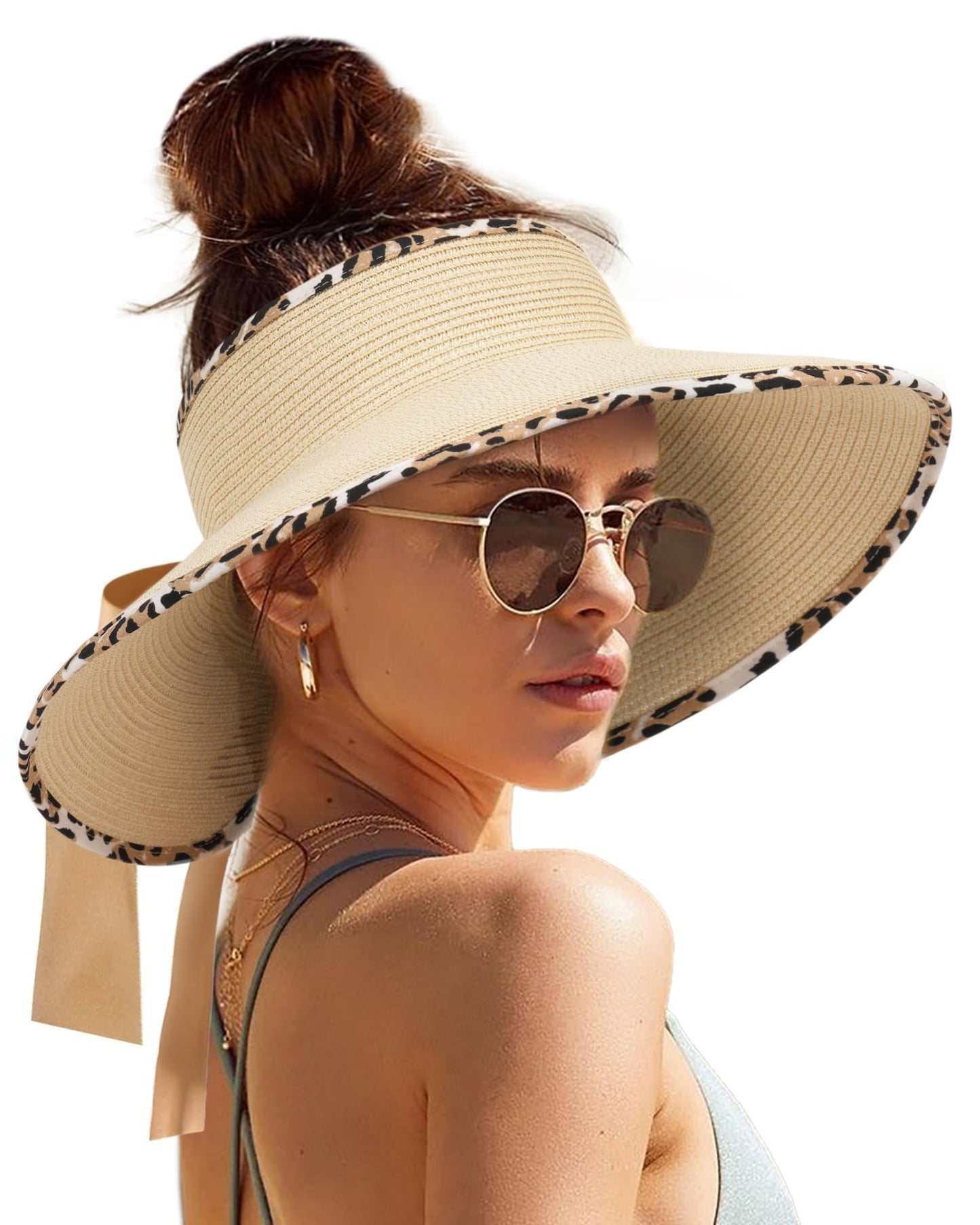 Camptrace Sun Visors for Women Wide Brim Beach Hat Foldable Straw Visor Hat Ponytail Summer Packable UPF 50+