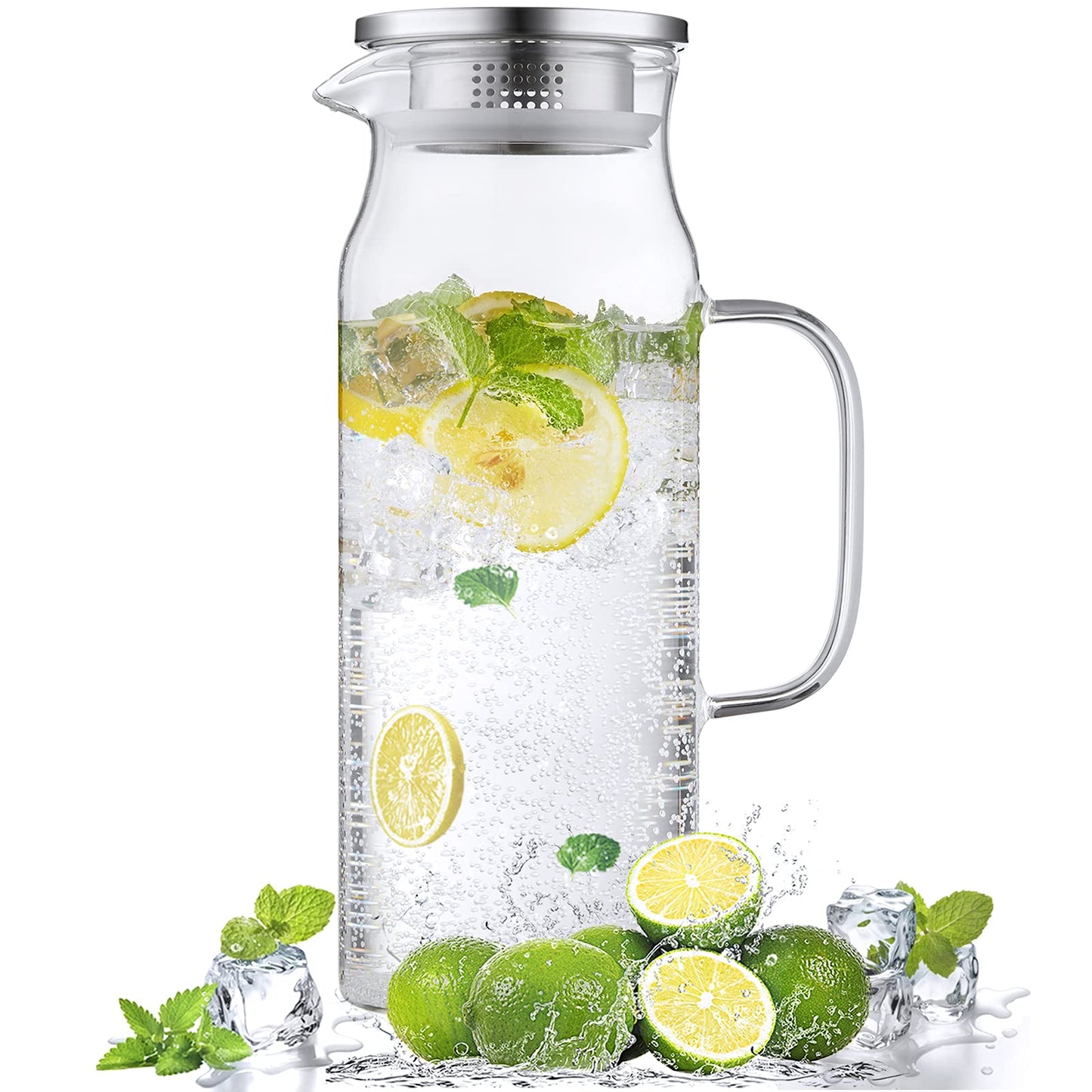 Bivvclaz 2 Liter 68 oz Gold Glass Pitcher with Lid and Handle, Glass Carafe for Hot/Cold Water, Large Iced Tea Pitcher for Coffee, Juice and Homemade Beverage