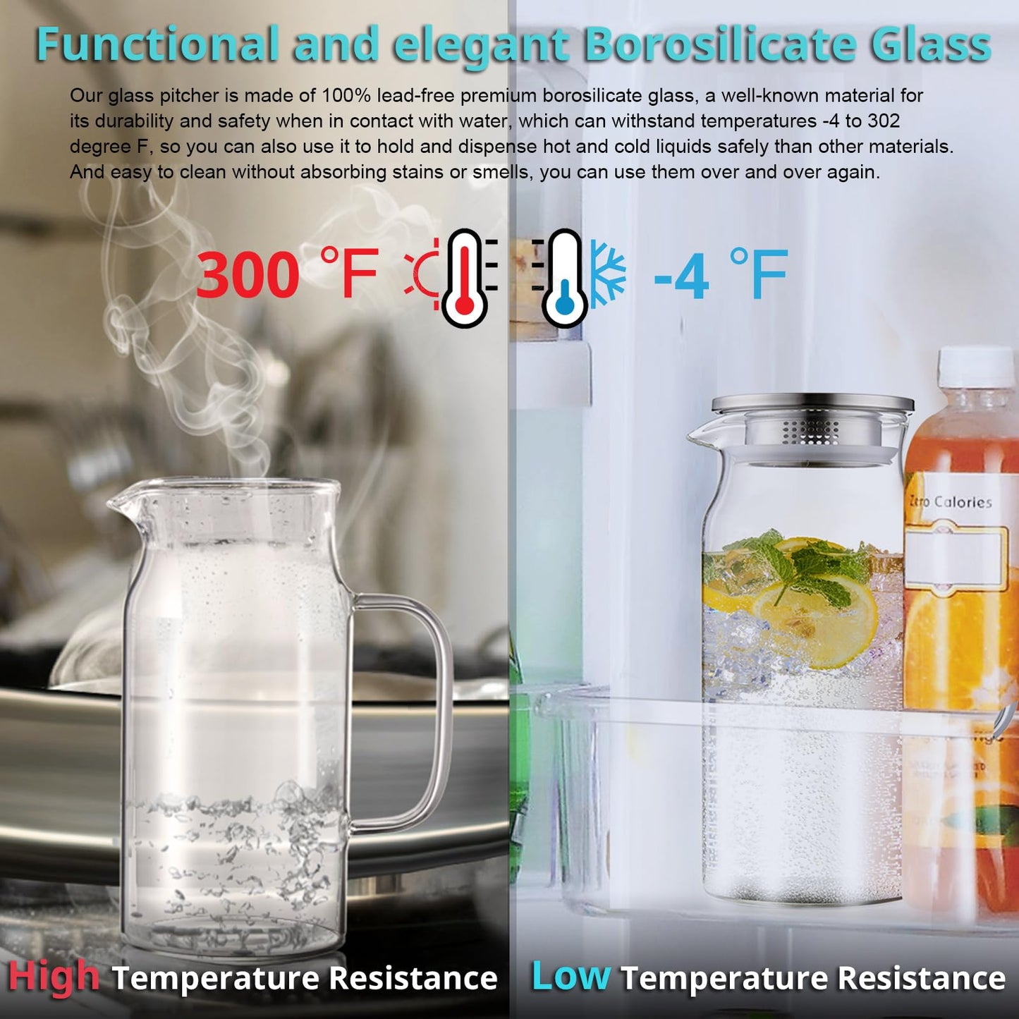 Bivvclaz 2 Liter 68 oz Gold Glass Pitcher with Lid and Handle, Glass Carafe for Hot/Cold Water, Large Iced Tea Pitcher for Coffee, Juice and Homemade Beverage