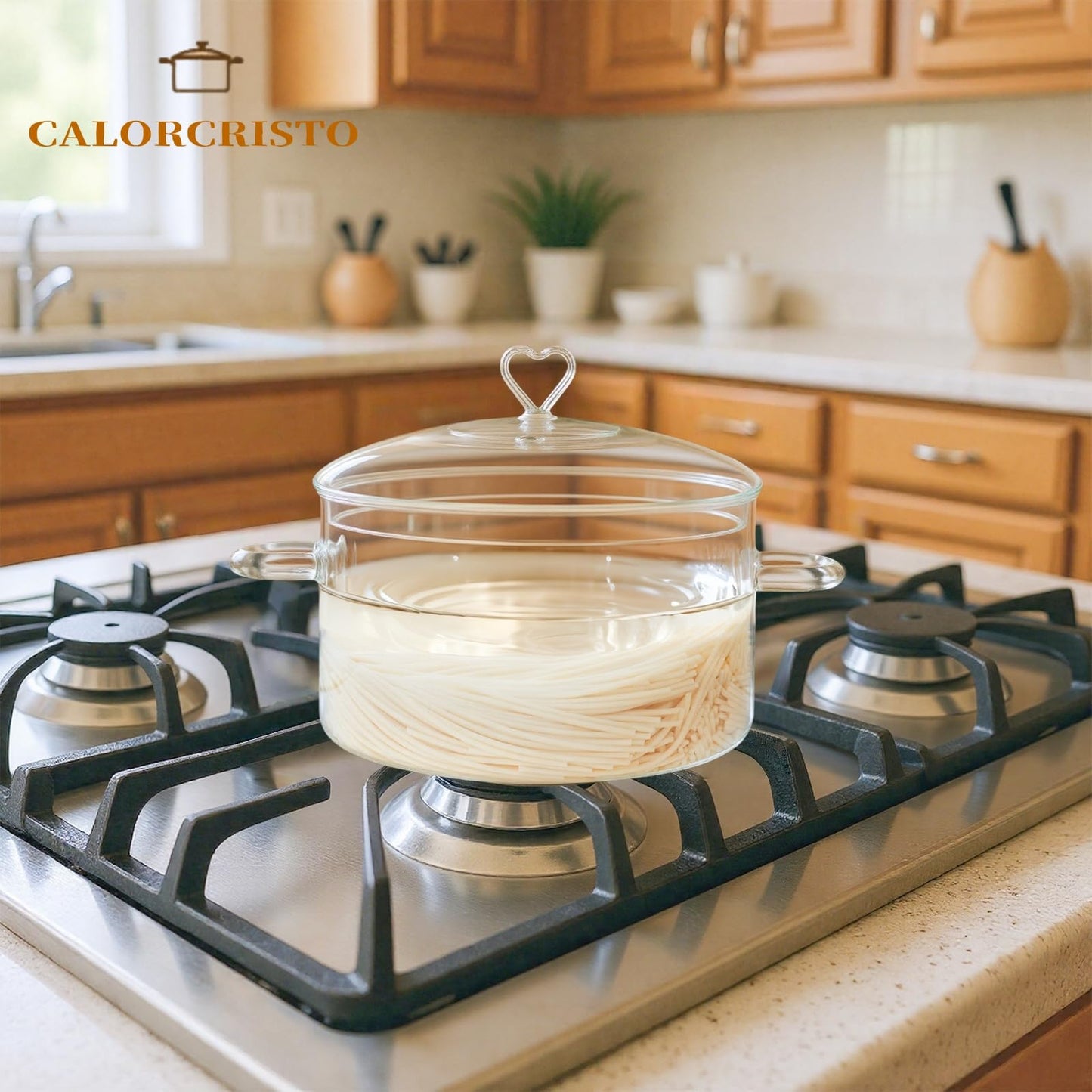 3 L Glass Cooking Pot with Lid, Save Energy, Heat Resistant | 3.2QT(3000ml) Glass Simmer Pot, Heart Shape Lid, Clear, Easy to Clean, BPA Free.