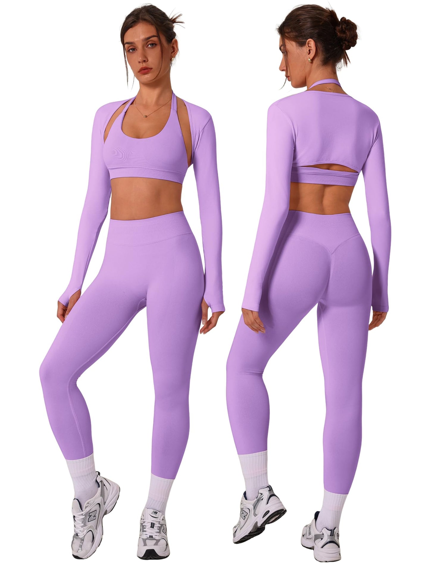 3 Piece Workout Sets for Women Seamless Halter Sports Bra High Waist Leggings Long Sleeve Shrug Gym Yoga Outfits
