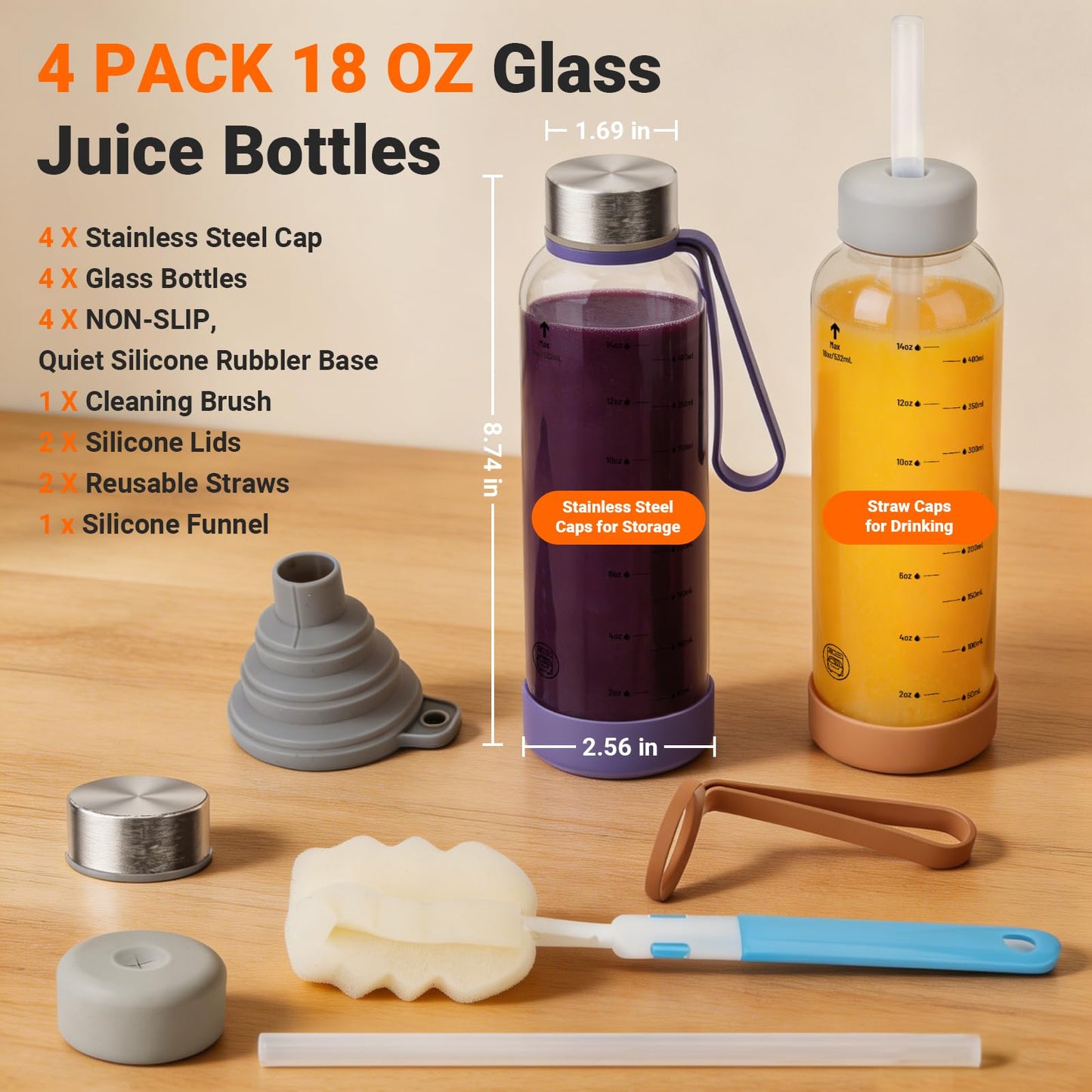 Sursip [10 Pack] 18 oz Glass Water Bottles with Lids, Juice Bottles, Clear glass juice bottle for juicing, Eco-Friendly Reusable Glass Juicing Bottles with Stainless Steel Lid, BPA Free,Leak-Proof