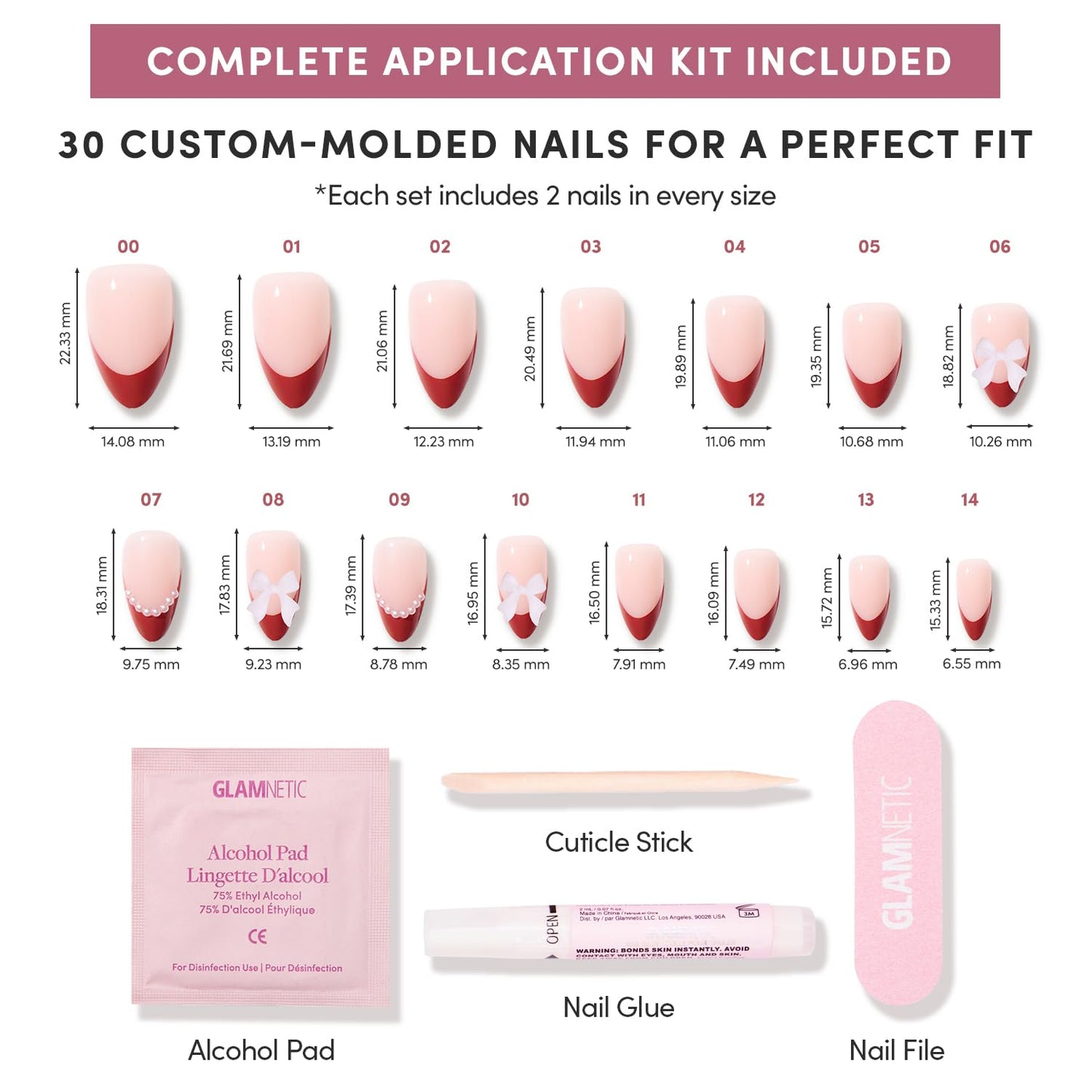Glamnetic Press On Nails - All Time Love Spring Nails | Glossy, Semi-Transparent, Short Almond French Tip Fake Nails with Leaf Accents, Salon Quality | 15 Sizes - 30 Nail Kit with Glue