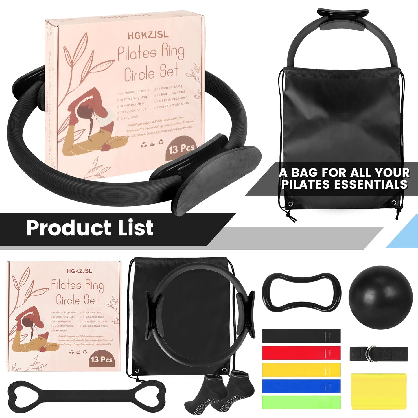 Pilates Kit for Women 13PCS, Pilates Ring and Ball Set with Magic Circle, Resistance Bands Set, Figure 8 Band, Yoga Ring & Grip Socks, Home Workout Equipment Essentials Starter Kit for Beginners