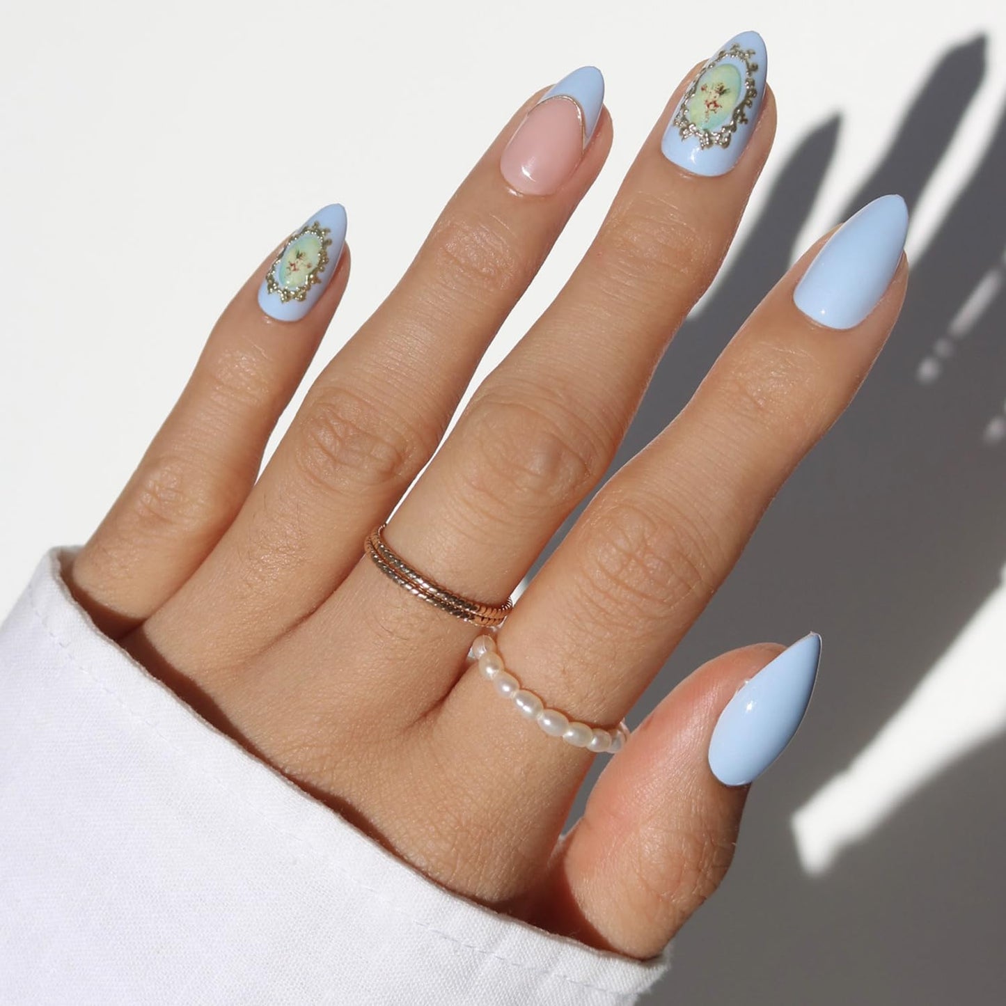 Glamnetic Press On Nails - All Time Love Spring Nails | Glossy, Semi-Transparent, Short Almond French Tip Fake Nails with Leaf Accents, Salon Quality | 15 Sizes - 30 Nail Kit with Glue