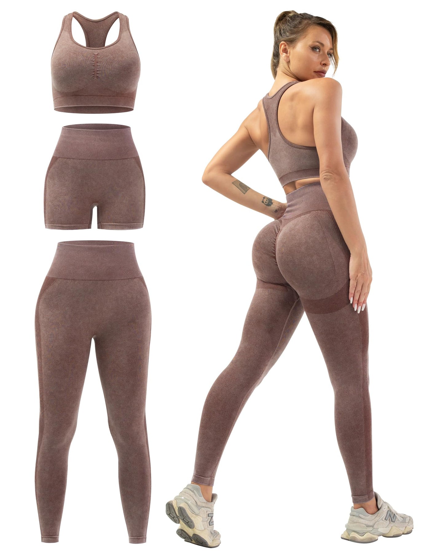 3 Piece Workout Sets for Women Butt Lifting Leggings with High Impact Sports Bra Gym Shorts