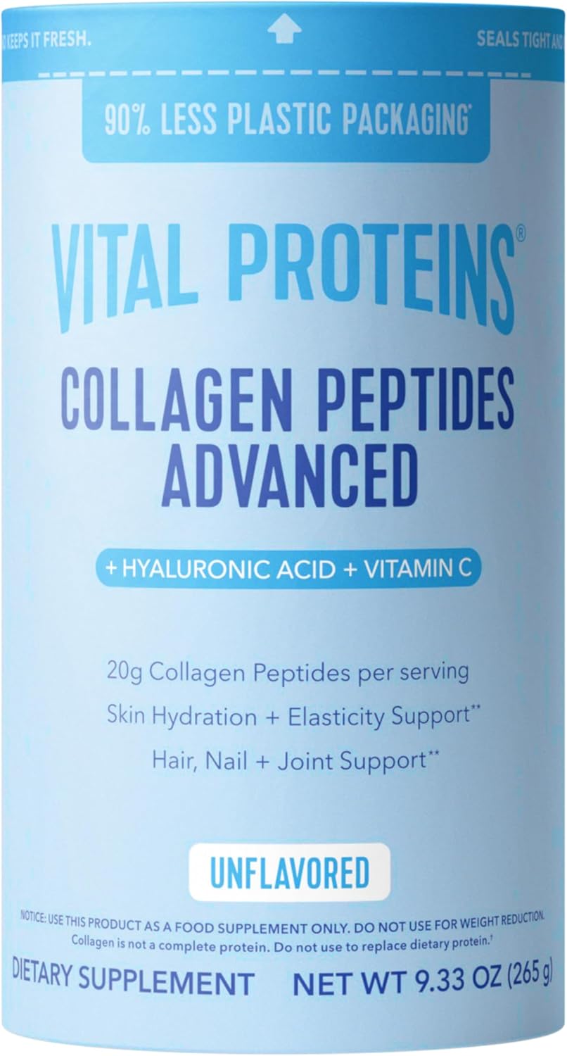 Vital Proteins Collagen Peptides Powder Advanced with Hyaluronic Acid & Vitamin C, 20oz Collagen Protein, Unflavored, 27 Servings