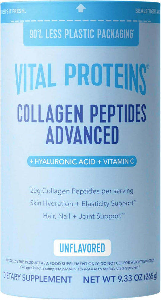 Vital Proteins Collagen Peptides Powder Advanced with Hyaluronic Acid & Vitamin C, 20oz Collagen Protein, Unflavored, 27 Servings