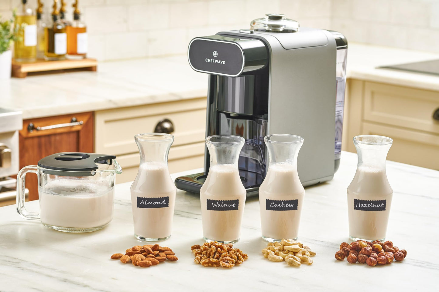 ChefWave Milkmade Plant-Based Milk Maker, 6-in-1 Nut Milk Machine for Almond, Oat, Soy, Cashew, Coconut & Macadamia — 1000W, No Soaking, Auto Self-Clean, Delay Start, Glass Pitcher Included (White)