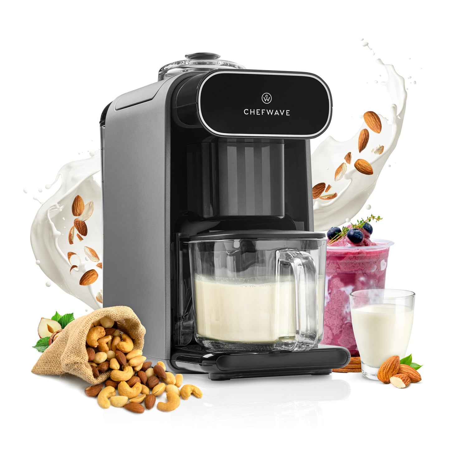 ChefWave Milkmade Plant-Based Milk Maker, 6-in-1 Nut Milk Machine for Almond, Oat, Soy, Cashew, Coconut & Macadamia — 1000W, No Soaking, Auto Self-Clean, Delay Start, Glass Pitcher Included (White)