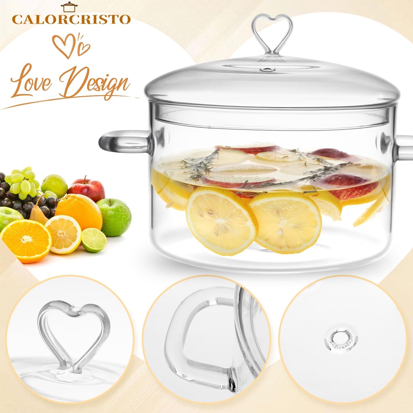3 L Glass Cooking Pot with Lid, Save Energy, Heat Resistant | 3.2QT(3000ml) Glass Simmer Pot, Heart Shape Lid, Clear, Easy to Clean, BPA Free.