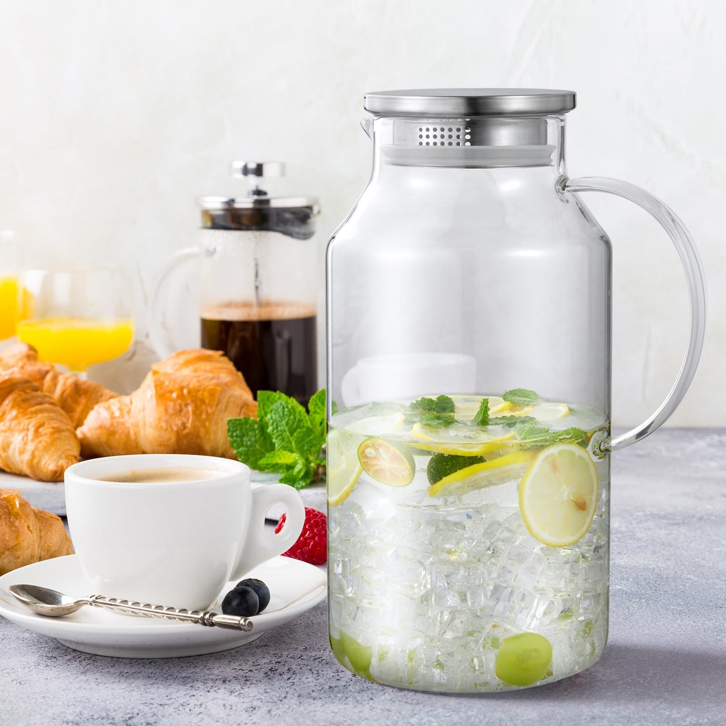 Bivvclaz 2 Liter 68 oz Gold Glass Pitcher with Lid and Handle, Glass Carafe for Hot/Cold Water, Large Iced Tea Pitcher for Coffee, Juice and Homemade Beverage