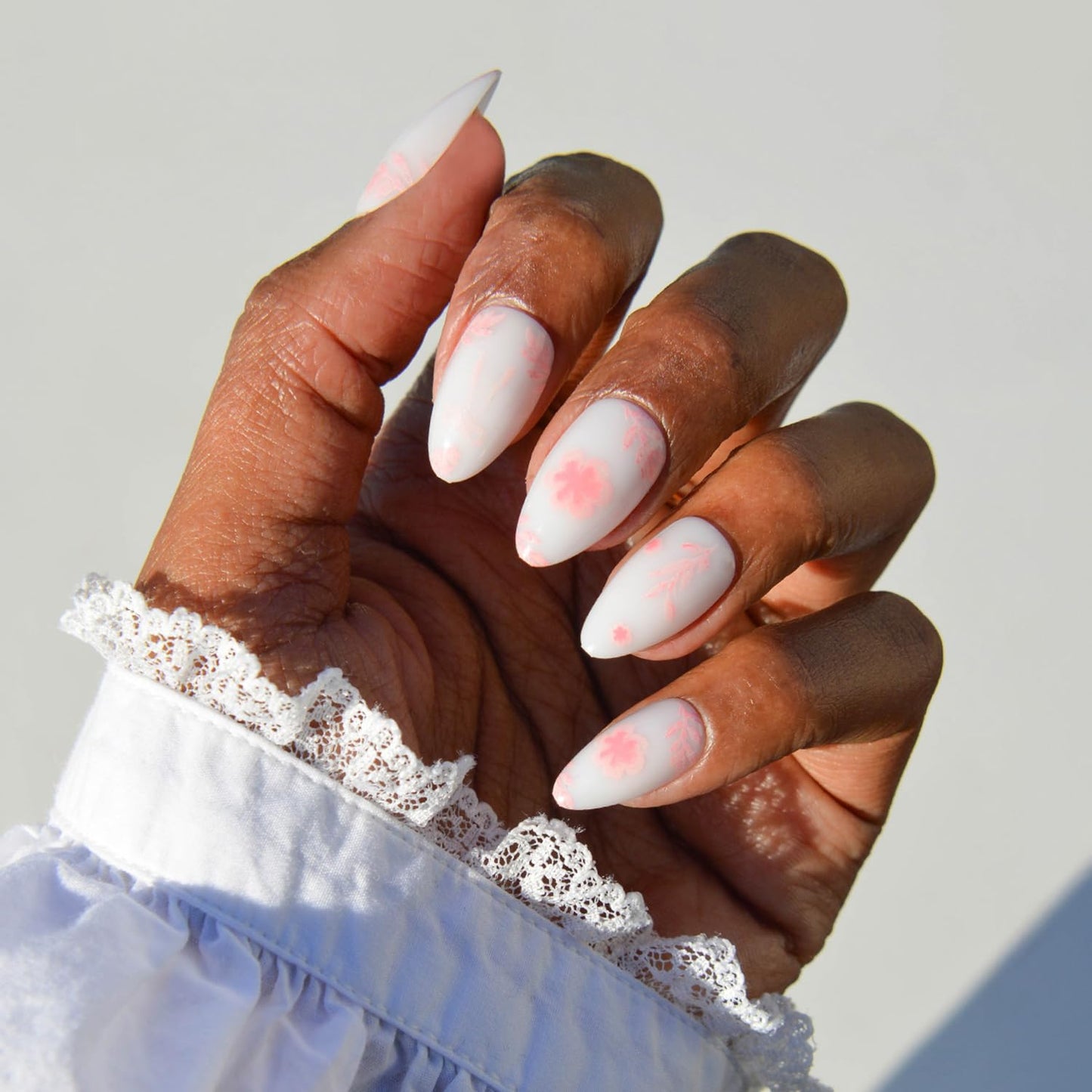 Glamnetic Press On Nails - All Time Love Spring Nails | Glossy, Semi-Transparent, Short Almond French Tip Fake Nails with Leaf Accents, Salon Quality | 15 Sizes - 30 Nail Kit with Glue