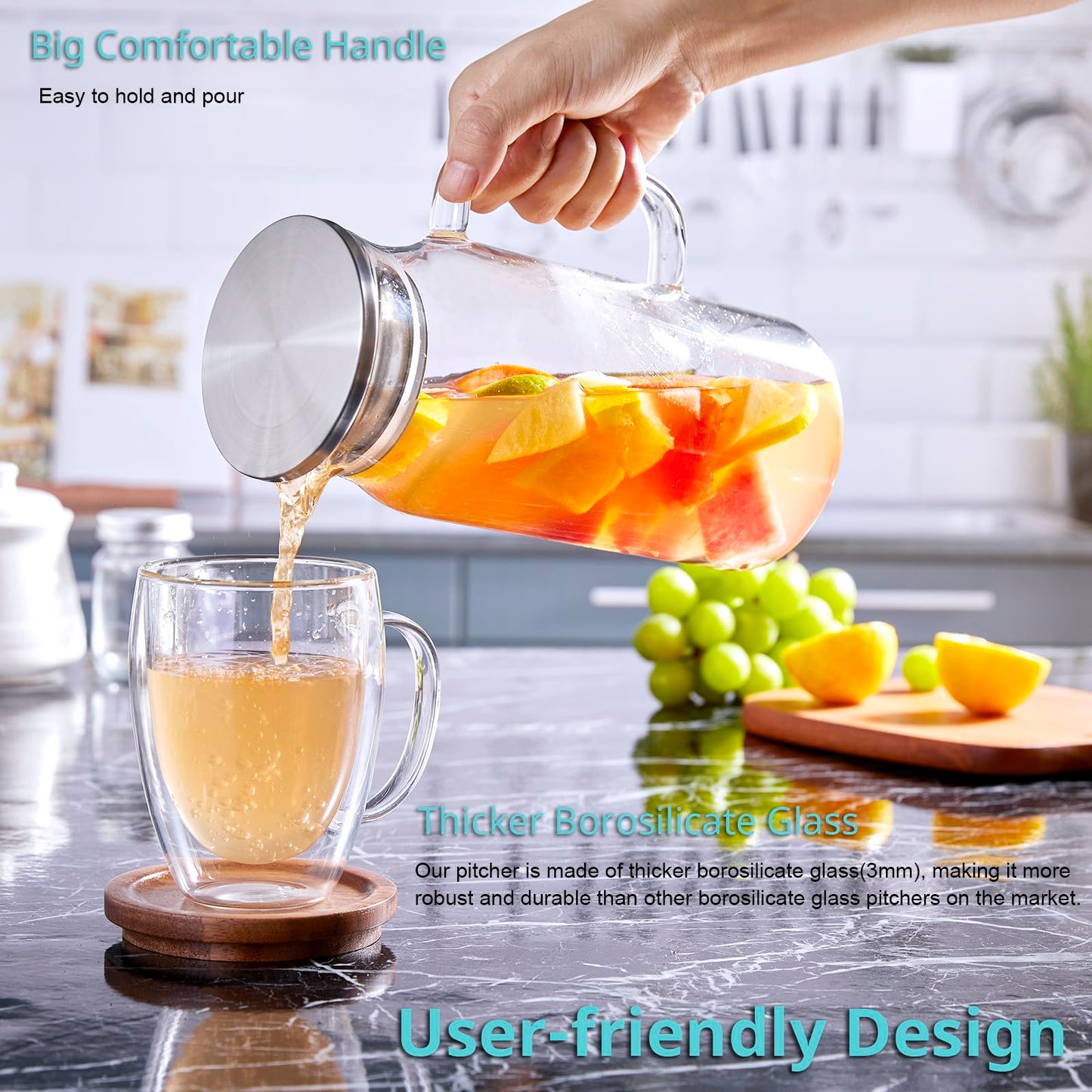 Bivvclaz 2 Liter 68 oz Gold Glass Pitcher with Lid and Handle, Glass Carafe for Hot/Cold Water, Large Iced Tea Pitcher for Coffee, Juice and Homemade Beverage