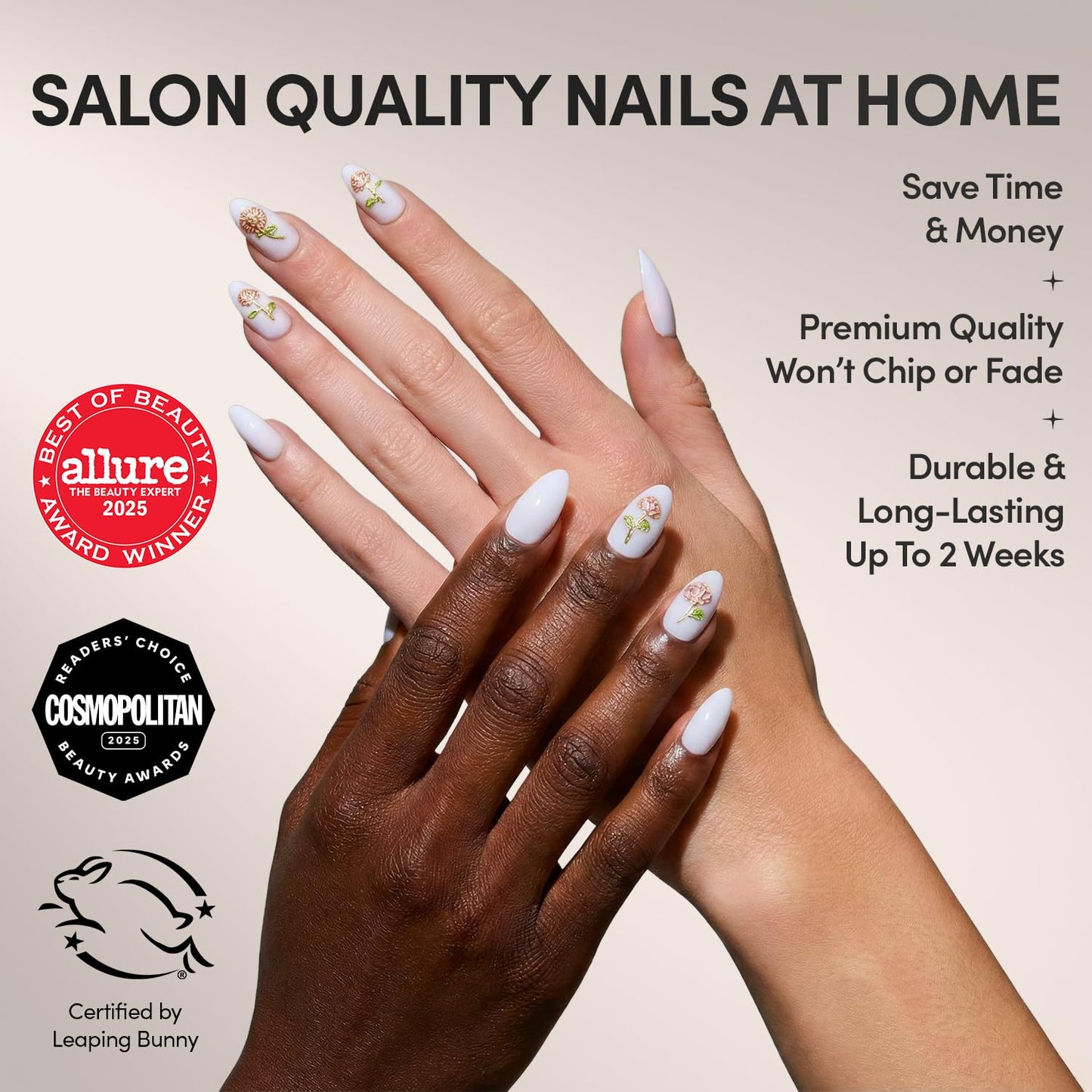 Glamnetic Press On Nails - All Time Love Spring Nails | Glossy, Semi-Transparent, Short Almond French Tip Fake Nails with Leaf Accents, Salon Quality | 15 Sizes - 30 Nail Kit with Glue