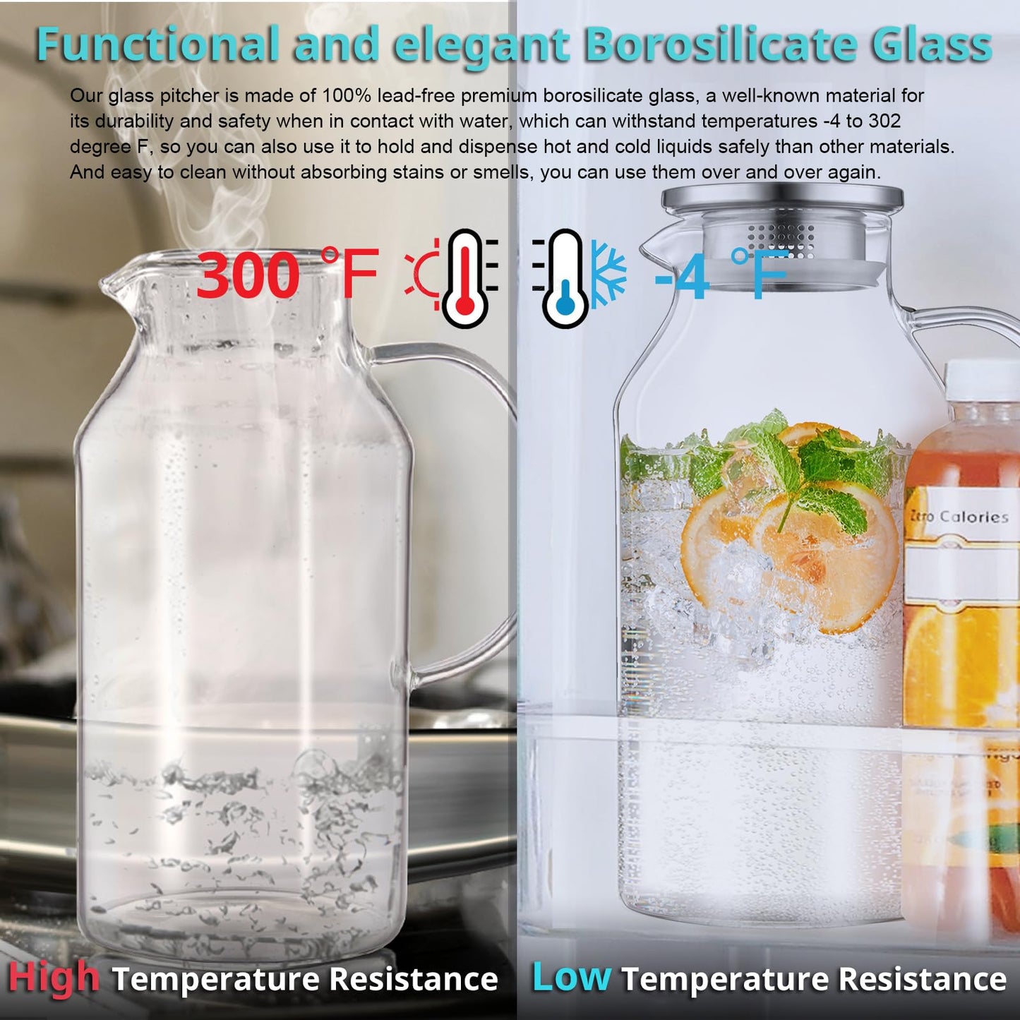 Bivvclaz 2 Liter 68 oz Gold Glass Pitcher with Lid and Handle, Glass Carafe for Hot/Cold Water, Large Iced Tea Pitcher for Coffee, Juice and Homemade Beverage