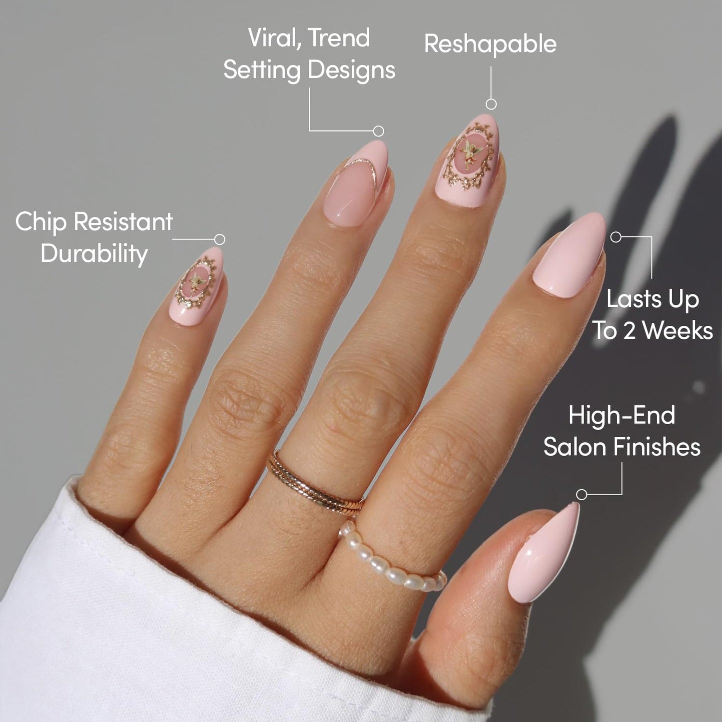 Glamnetic Press On Nails - All Time Love Spring Nails | Glossy, Semi-Transparent, Short Almond French Tip Fake Nails with Leaf Accents, Salon Quality | 15 Sizes - 30 Nail Kit with Glue