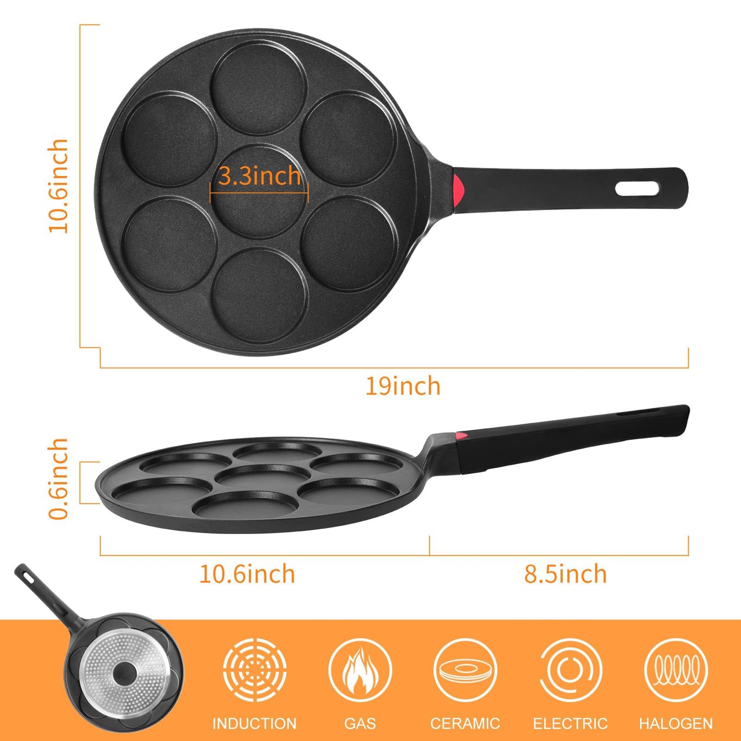 Pancake Pan Maker Nonstick Induction Compatible, 10.5 Inch Mini Non Stick Silver Dollar Grill Blini Griddle Crepe Pan,7 Molds Cake Egg Cooker Skillet for Kids Gifts