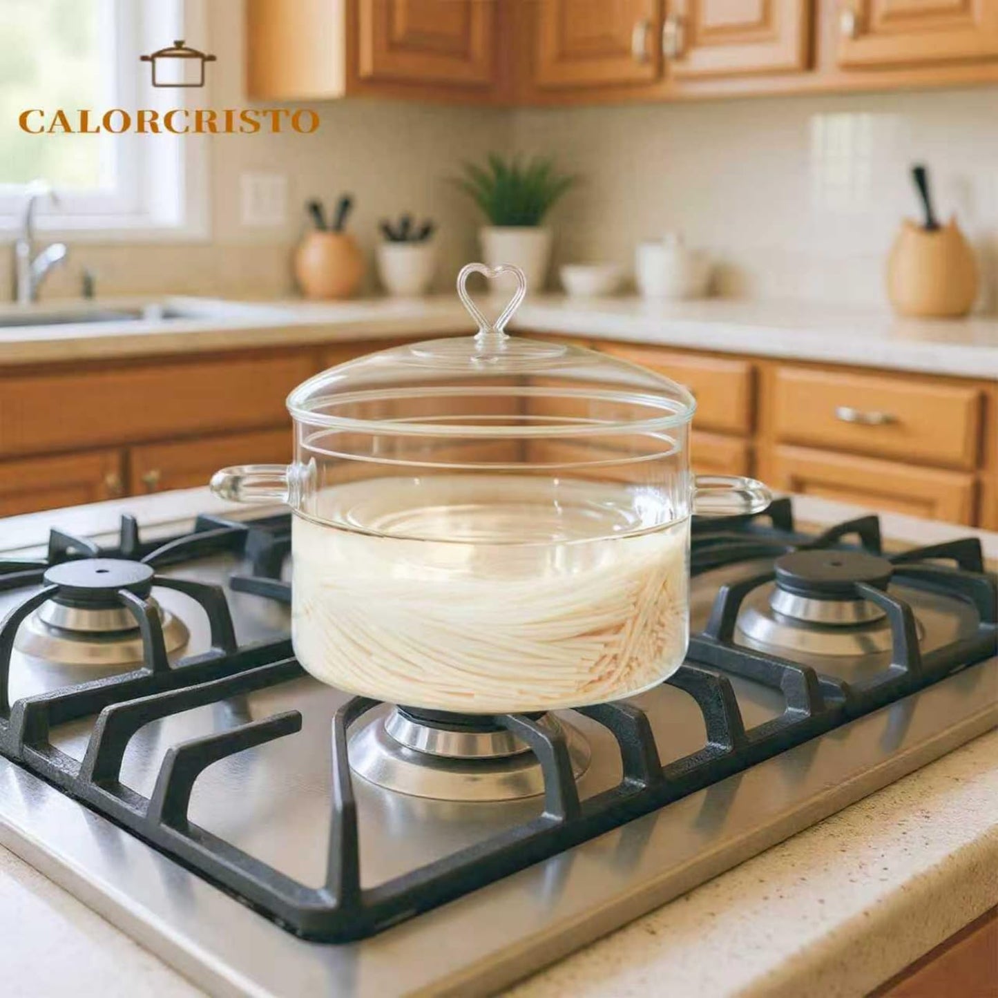 3 L Glass Cooking Pot with Lid, Save Energy, Heat Resistant | 3.2QT(3000ml) Glass Simmer Pot, Heart Shape Lid, Clear, Easy to Clean, BPA Free.