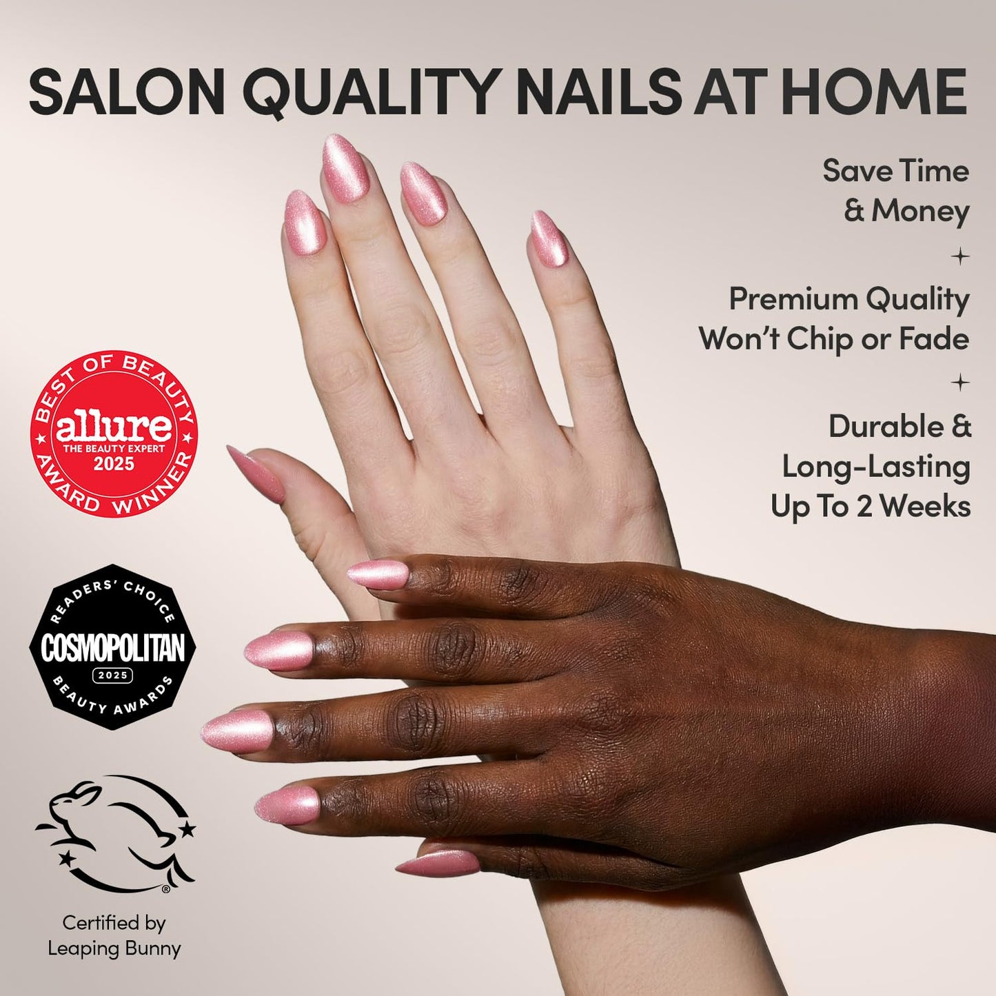 Glamnetic Press On Nails - All Time Love Spring Nails | Glossy, Semi-Transparent, Short Almond French Tip Fake Nails with Leaf Accents, Salon Quality | 15 Sizes - 30 Nail Kit with Glue