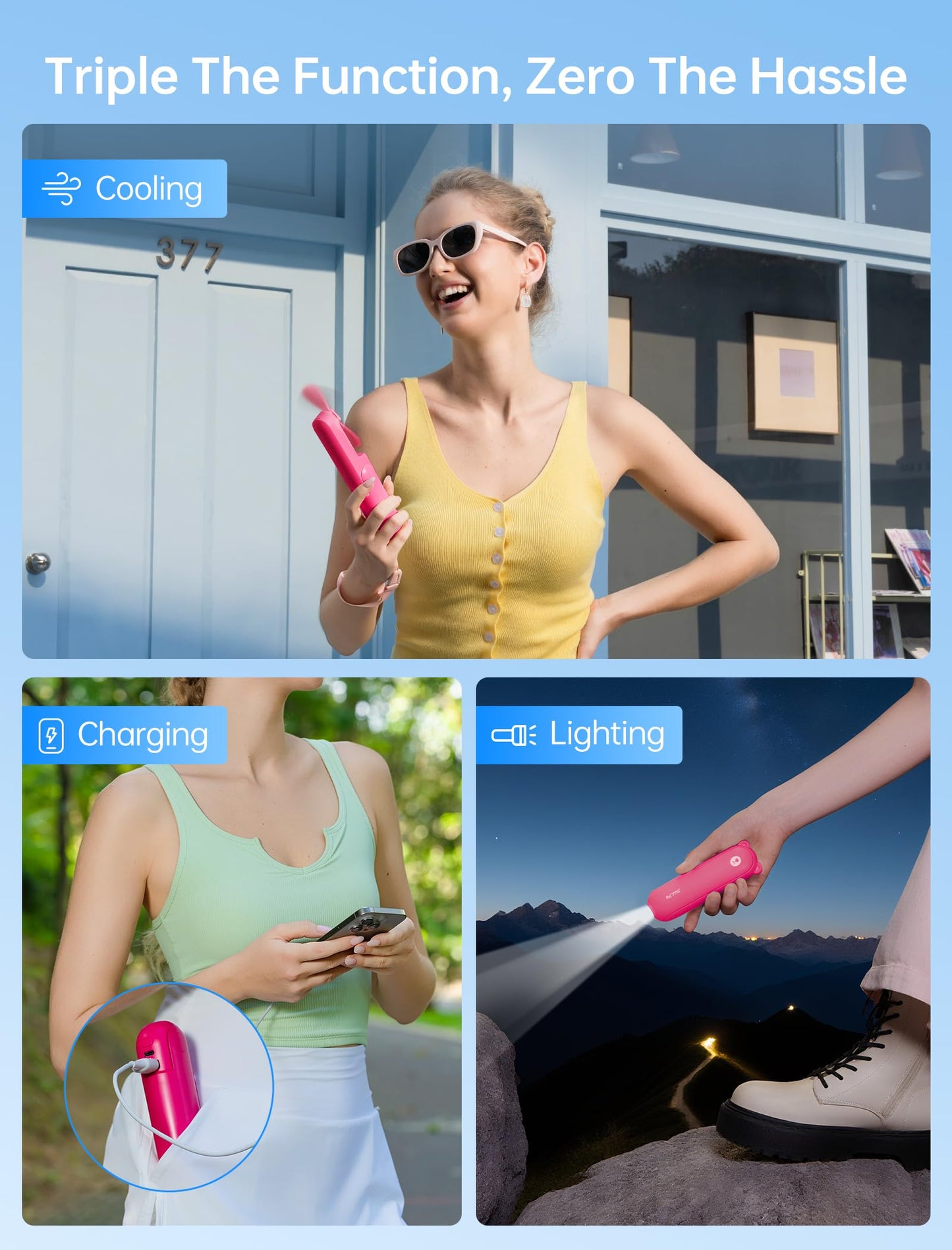JISULIFE 3 IN 1 Handheld Mini Fan - Portable Fan & Power Bank & Flashlight, 19H Max Cooling, USB Rechargeable, Pocket-Sized for Travel, Cruise, Concerts, Makeup, 2026 Summer Gifts for Women(Pink)